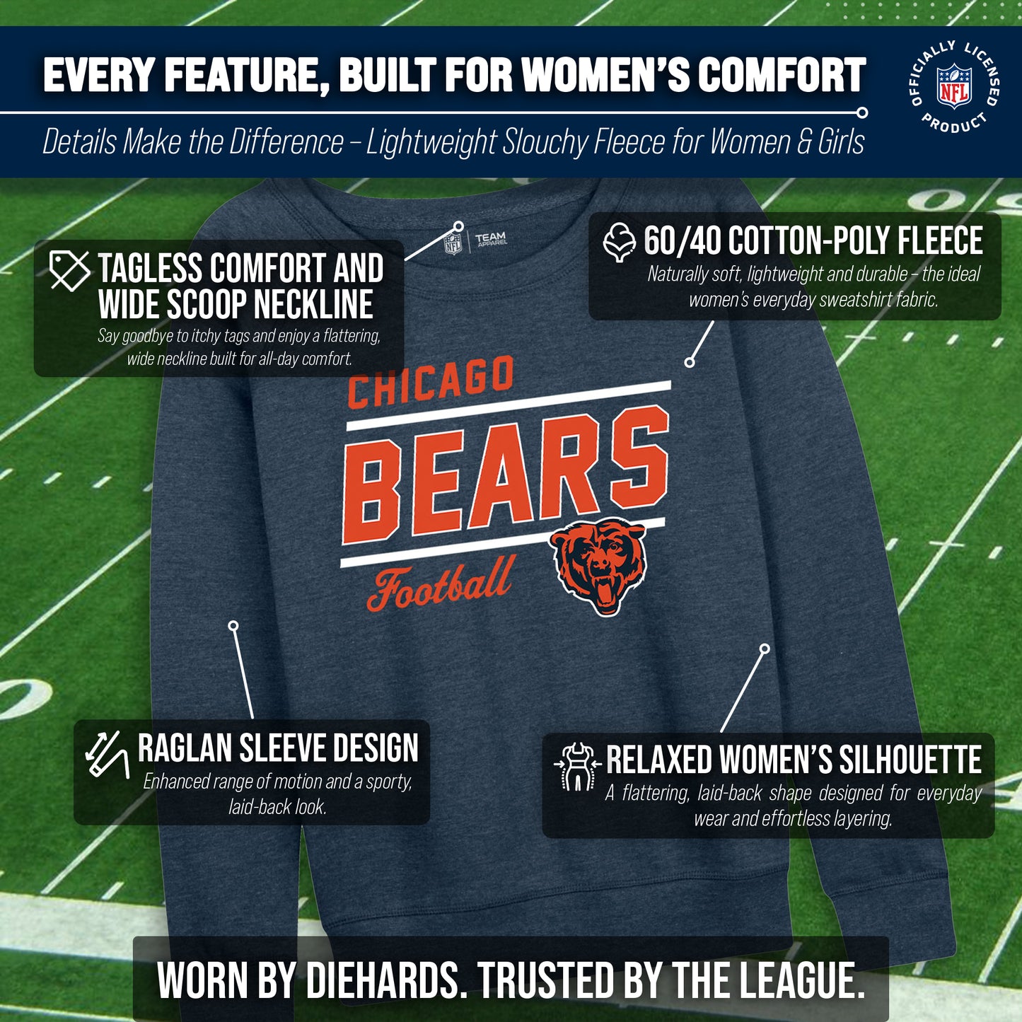 Chicago Bears NFL Womens Gameday French Terry Slouchy Top- Raglan Sleeves - Navy