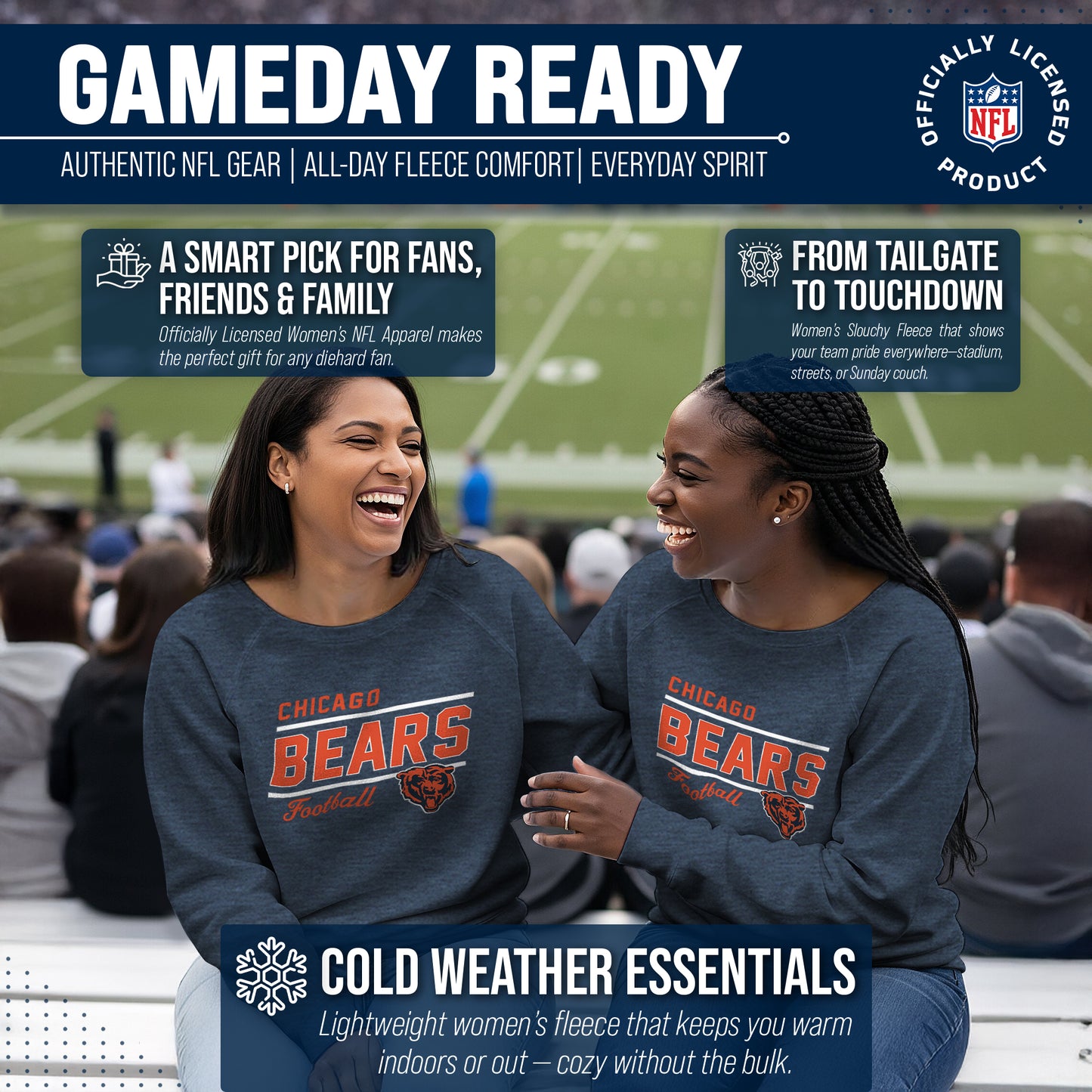 Chicago Bears NFL Womens Gameday French Terry Slouchy Top- Raglan Sleeves - Navy