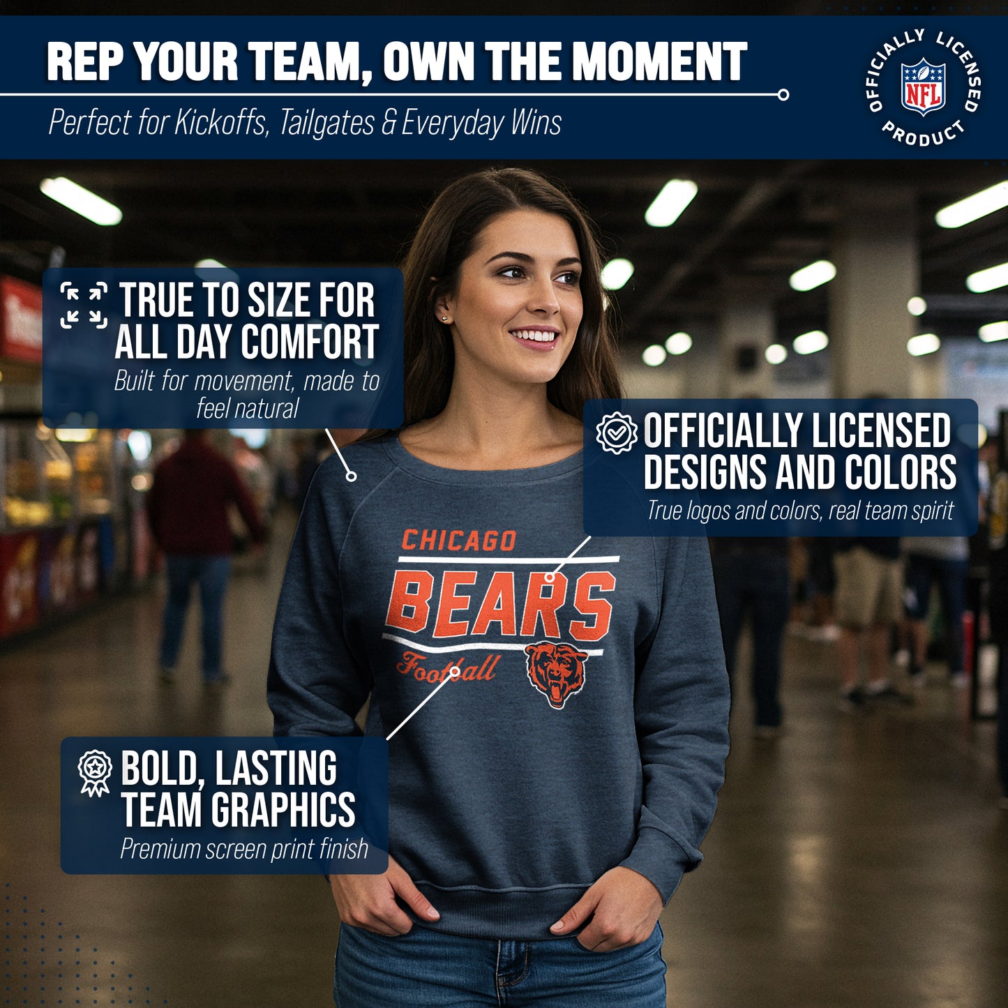 Chicago Bears NFL Womens Gameday French Terry Slouchy Top- Raglan Sleeves - Navy