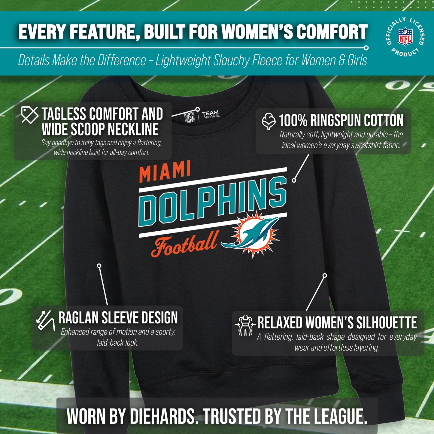 Miami Dolphins NFL Womens Gameday French Terry Slouchy Top- Raglan Sleeves - Black
