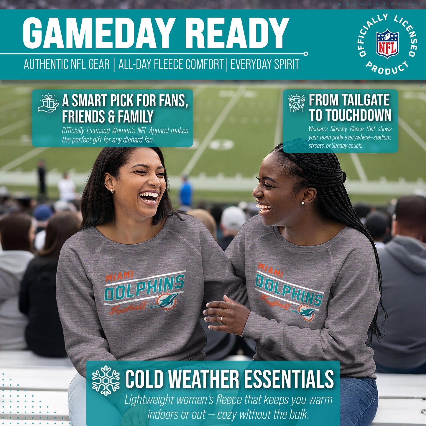 Miami Dolphins NFL Womens Gameday French Terry Slouchy Top- Raglan Sleeves - Sport Gray