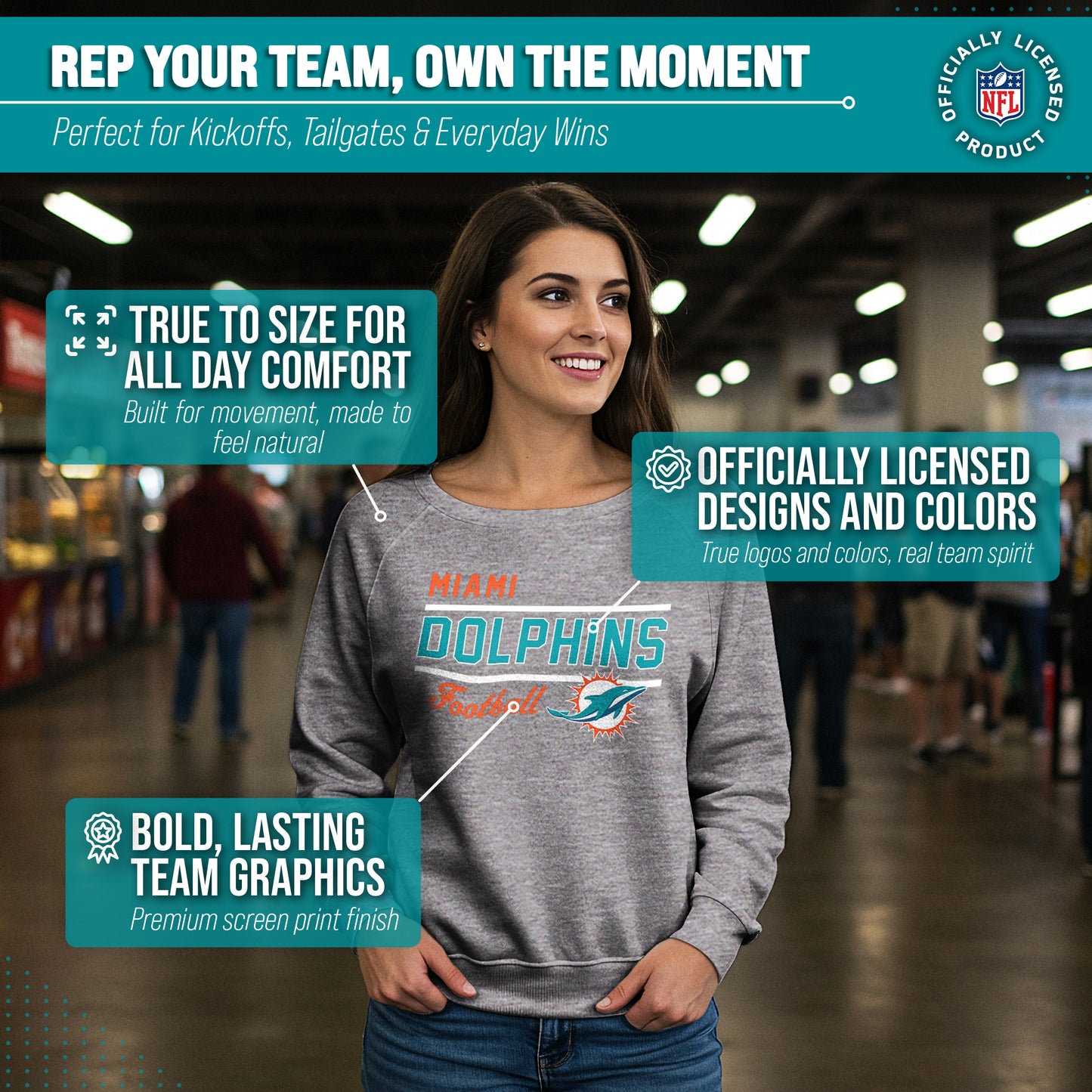 Miami Dolphins NFL Womens Gameday French Terry Slouchy Top- Raglan Sleeves - Sport Gray