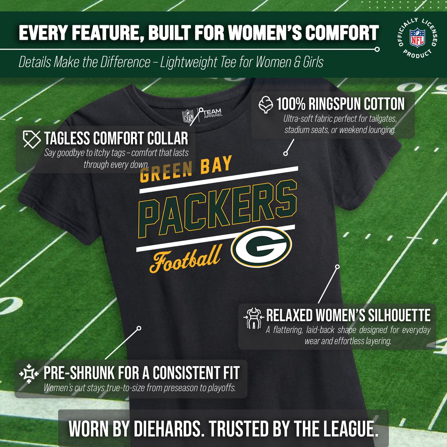 Green Bay Packers NFL Gameday Women's Relaxed Fit T-shirt - Black