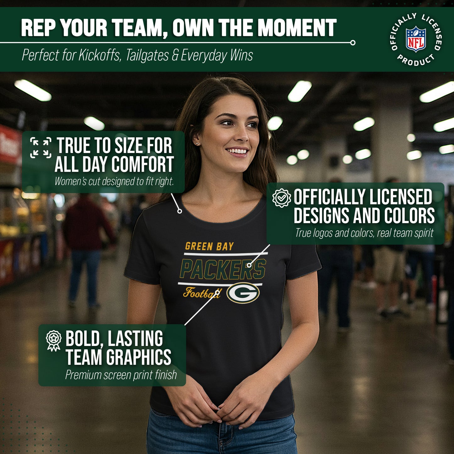 Green Bay Packers NFL Gameday Women's Relaxed Fit T-shirt - Black