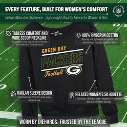 Green Bay Packers NFL Womens Gameday French Terry Slouchy Top- Raglan Sleeves - Black