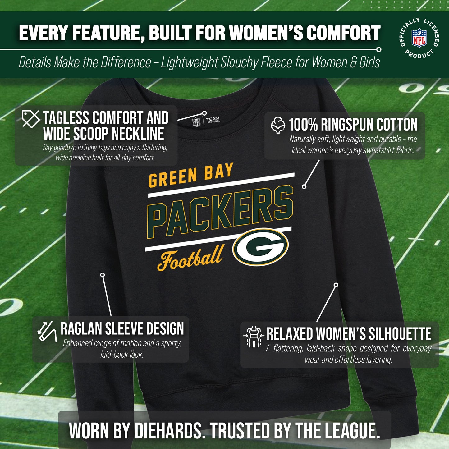 Green Bay Packers NFL Womens Gameday French Terry Slouchy Top- Raglan Sleeves - Black