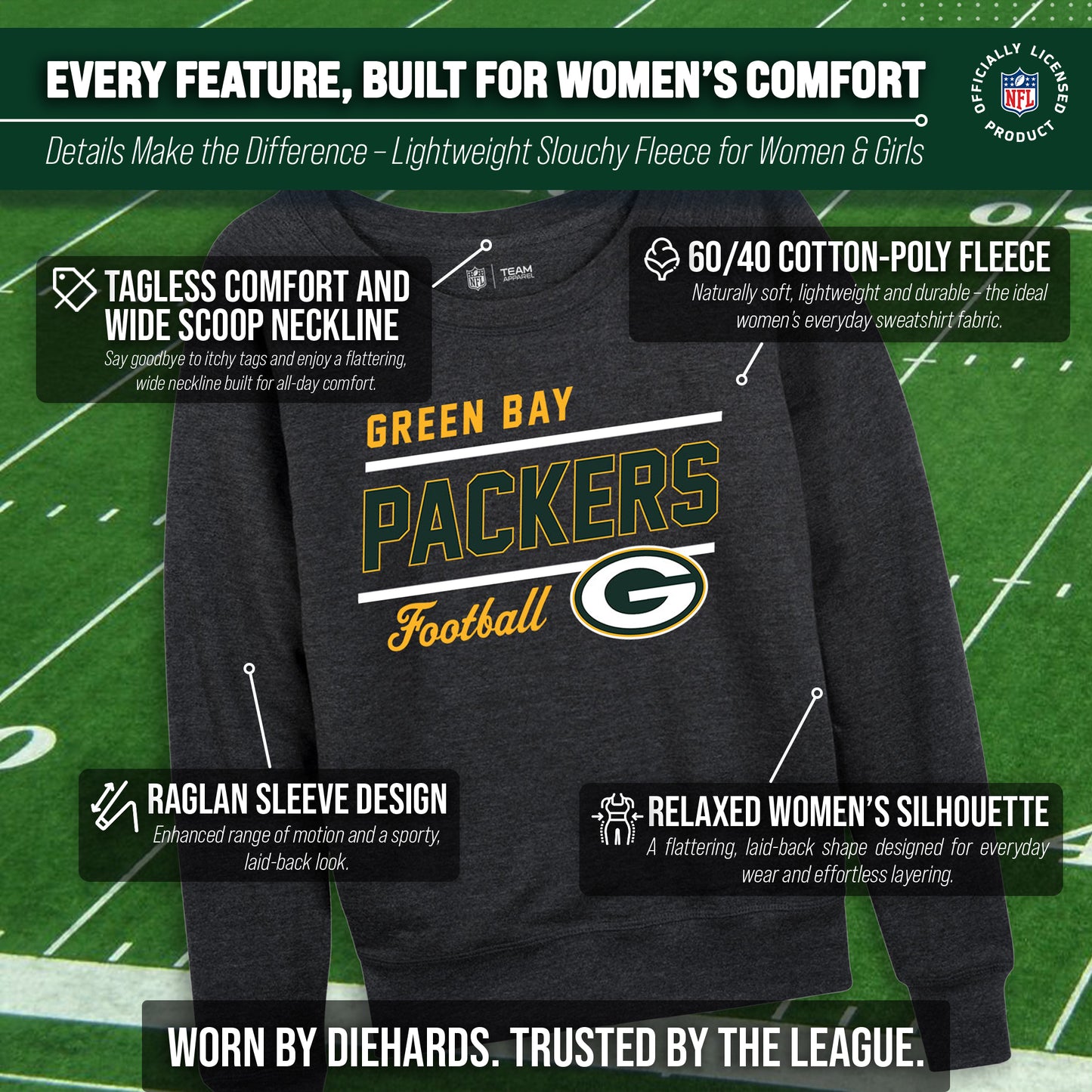 Green Bay Packers NFL Womens Gameday French Terry Slouchy Top- Raglan Sleeves - Charcoal