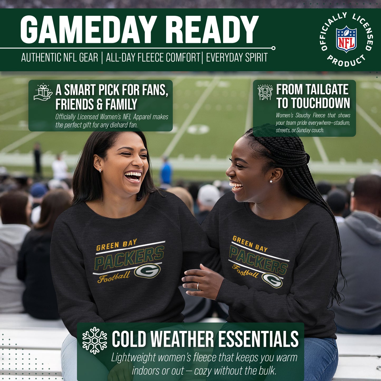 Green Bay Packers NFL Womens Gameday French Terry Slouchy Top- Raglan Sleeves - Charcoal