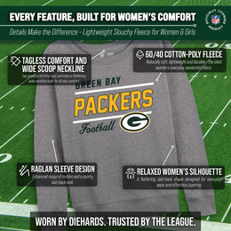 Green Bay Packers NFL Womens Gameday French Terry Slouchy Top- Raglan Sleeves - Sport Gray