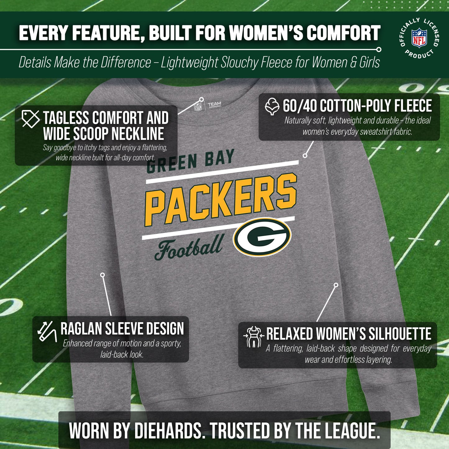 Green Bay Packers NFL Womens Gameday French Terry Slouchy Top- Raglan Sleeves - Sport Gray