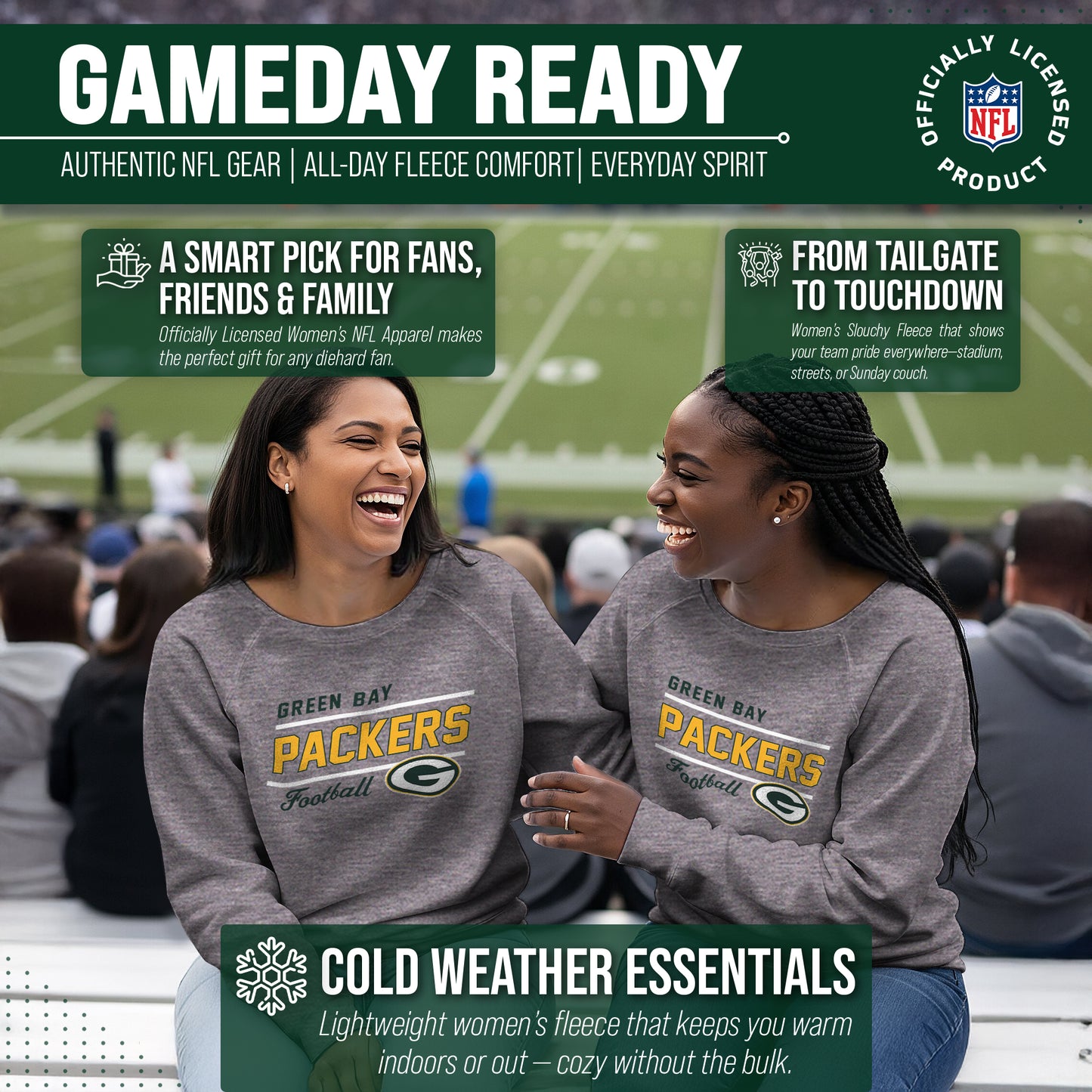 Green Bay Packers NFL Womens Gameday French Terry Slouchy Top- Raglan Sleeves - Sport Gray