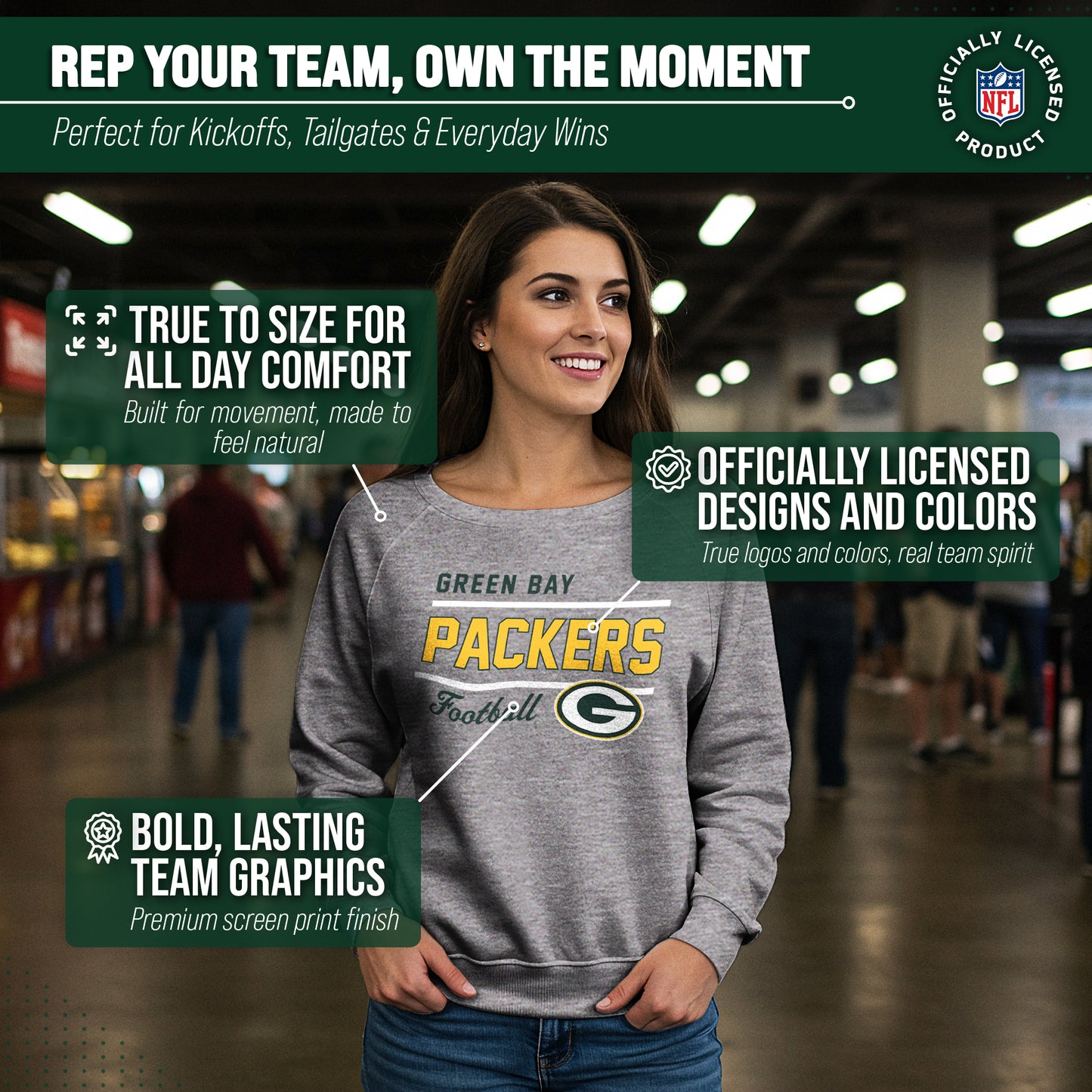 Green Bay Packers NFL Womens Gameday French Terry Slouchy Top- Raglan Sleeves - Sport Gray