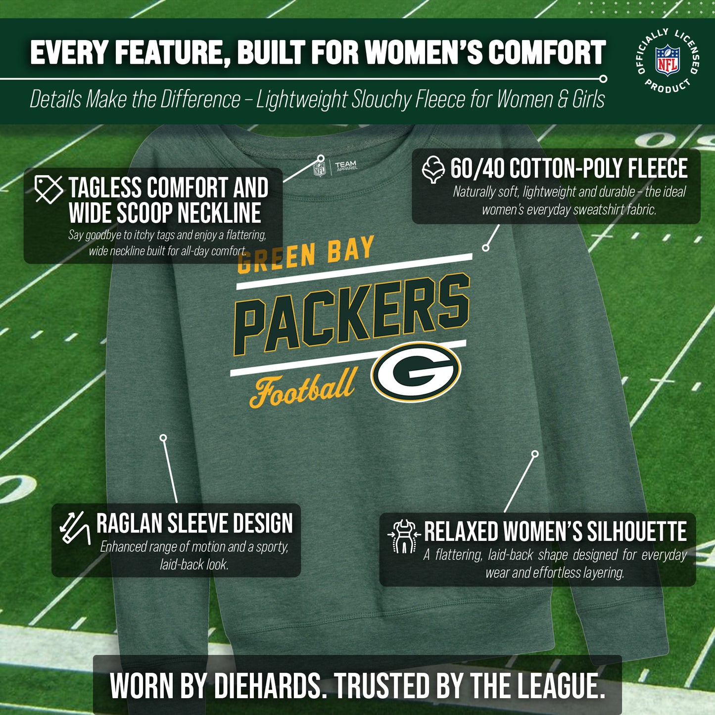 Green Bay Packers NFL Womens Gameday French Terry Slouchy Top- Raglan Sleeves - Green