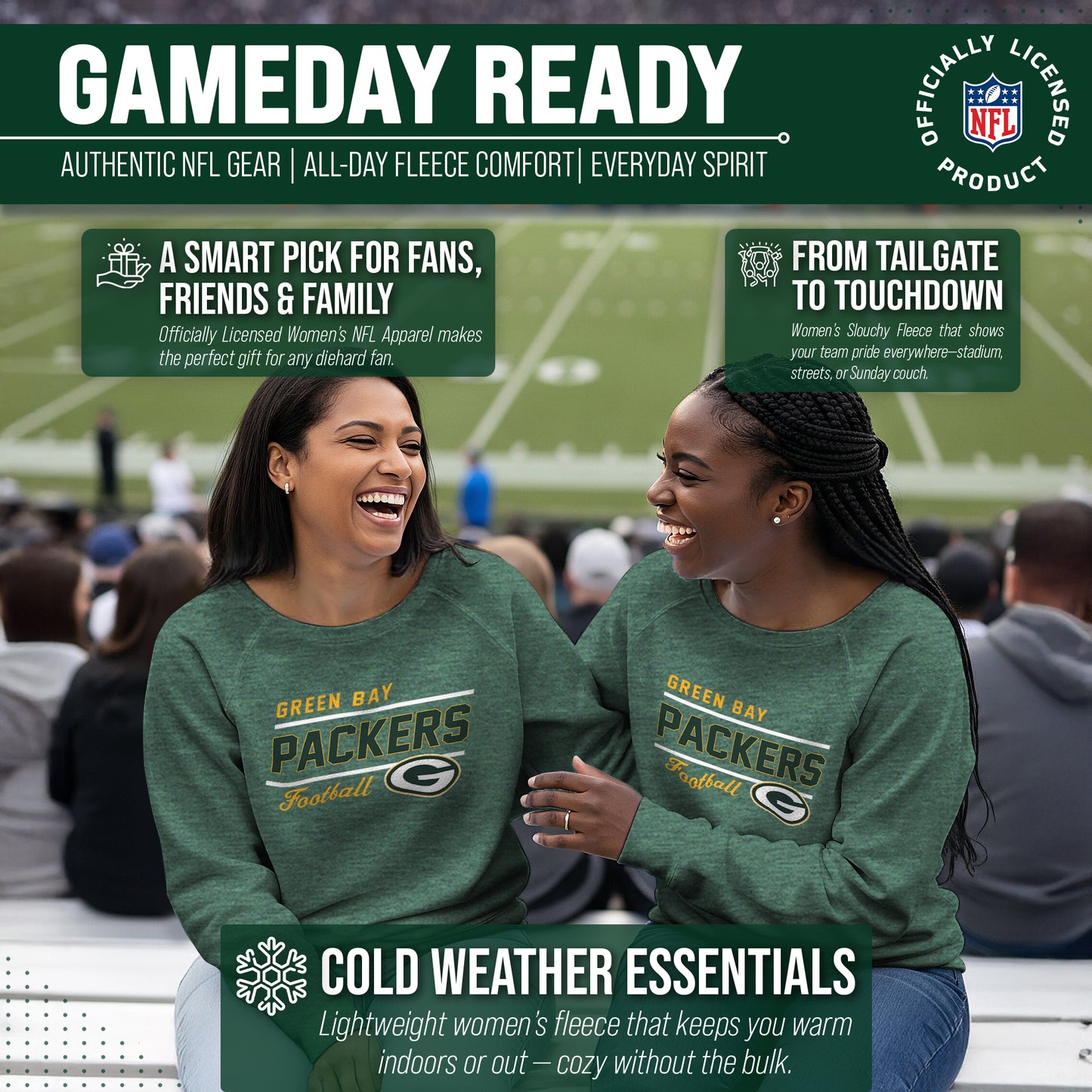 Green Bay Packers NFL Womens Gameday French Terry Slouchy Top- Raglan Sleeves - Green