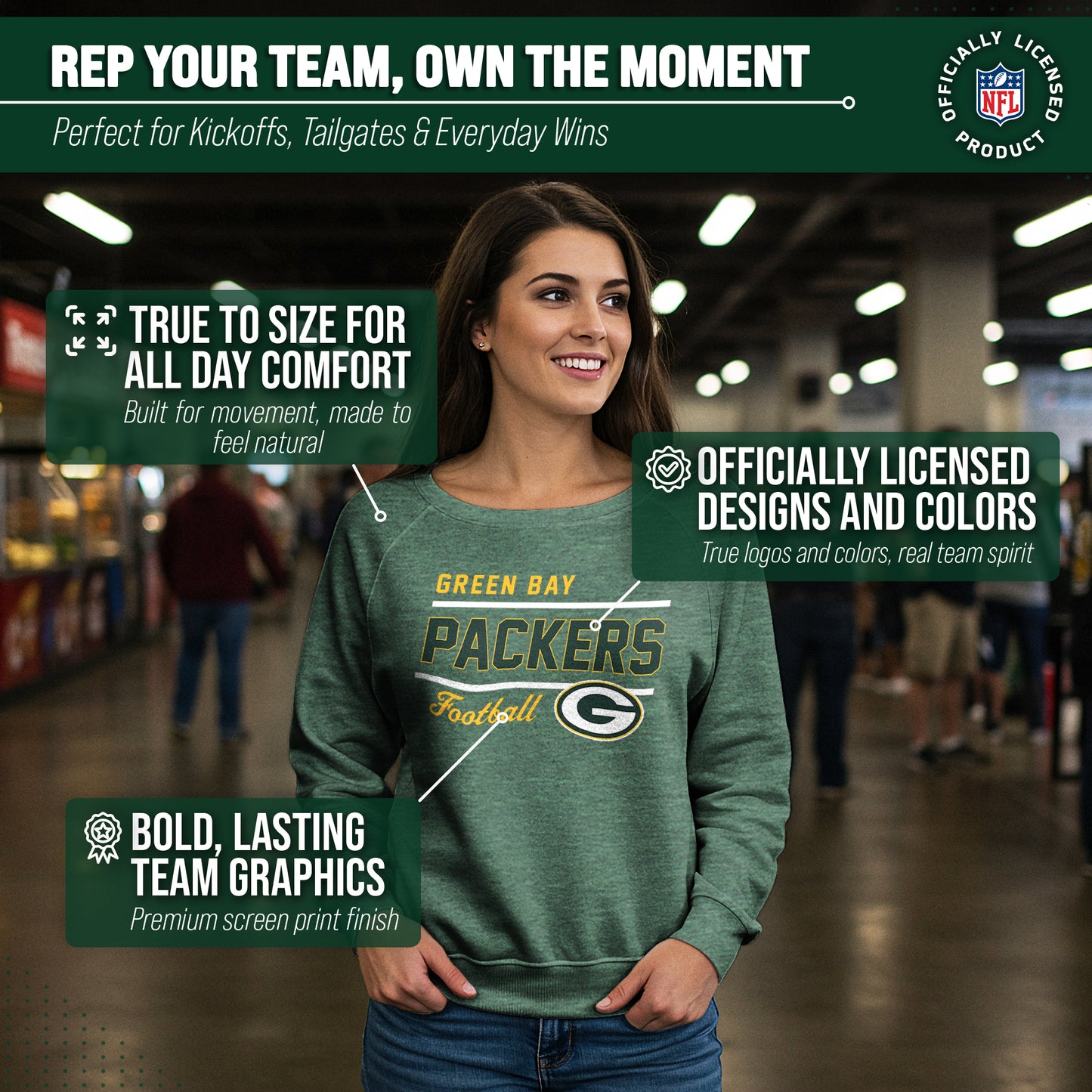 Green Bay Packers NFL Womens Gameday French Terry Slouchy Top- Raglan Sleeves - Green