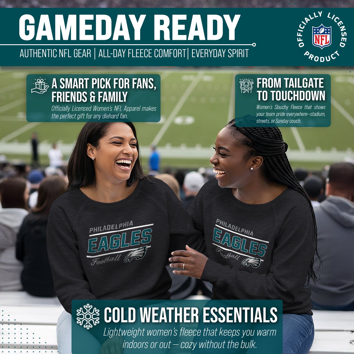 Philadelphia Eagles NFL Womens Gameday French Terry Slouchy Top- Raglan Sleeves - Charcoal