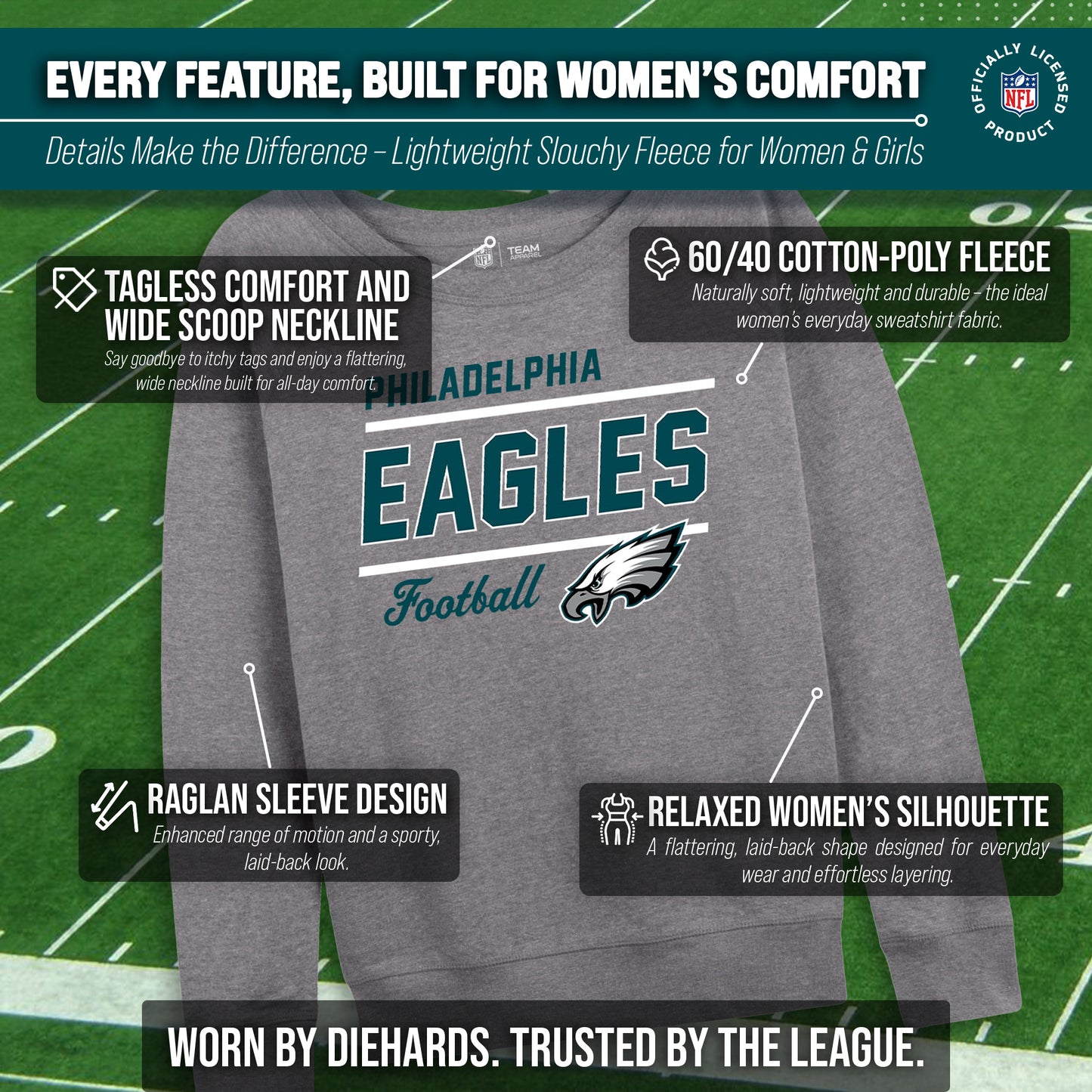 Philadelphia Eagles NFL Womens Gameday French Terry Slouchy Top- Raglan Sleeves - Sport Gray