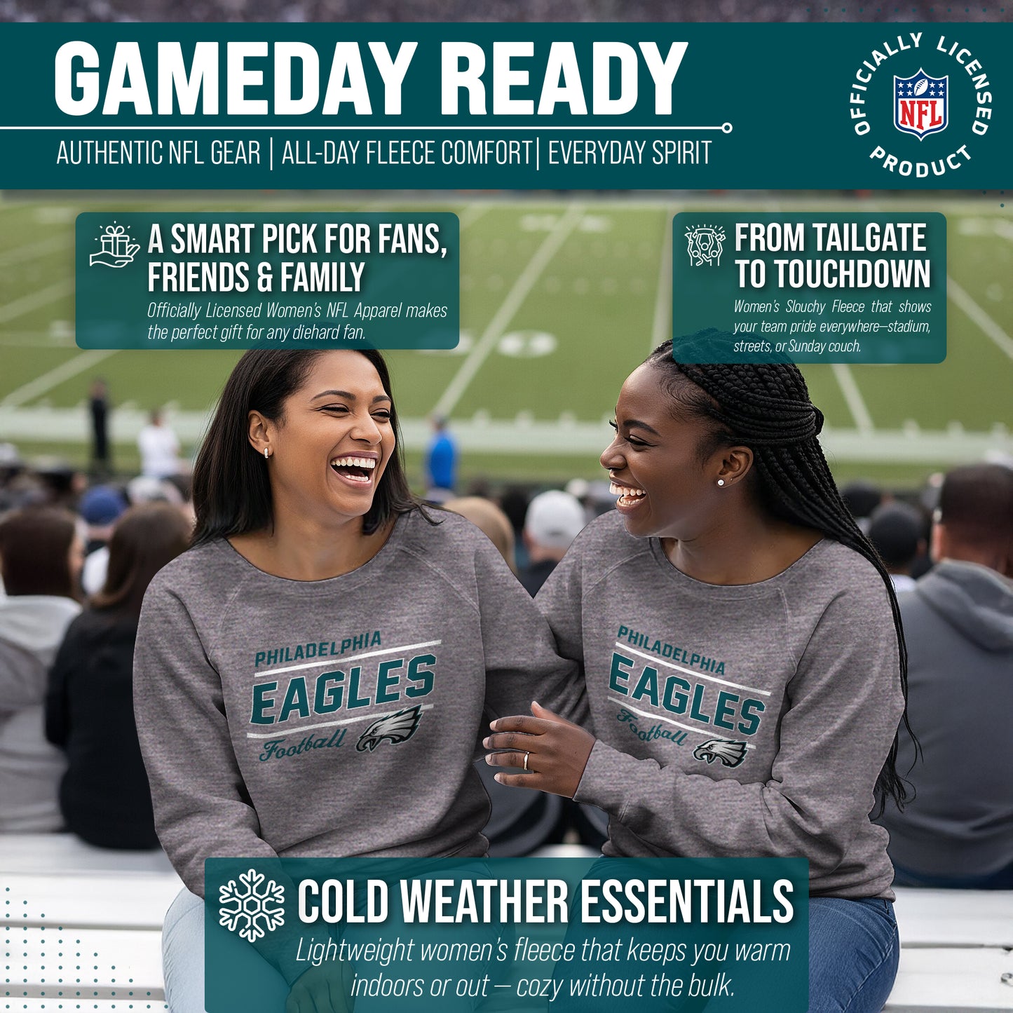 Philadelphia Eagles NFL Womens Gameday French Terry Slouchy Top- Raglan Sleeves - Sport Gray