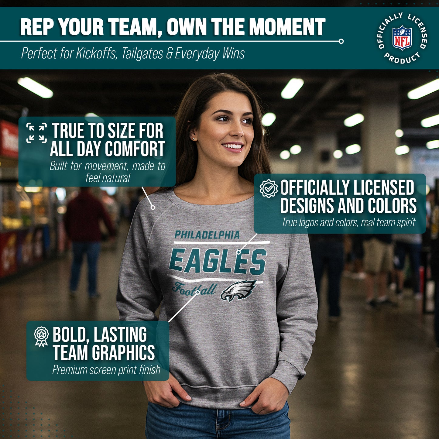 Philadelphia Eagles NFL Womens Gameday French Terry Slouchy Top- Raglan Sleeves - Sport Gray