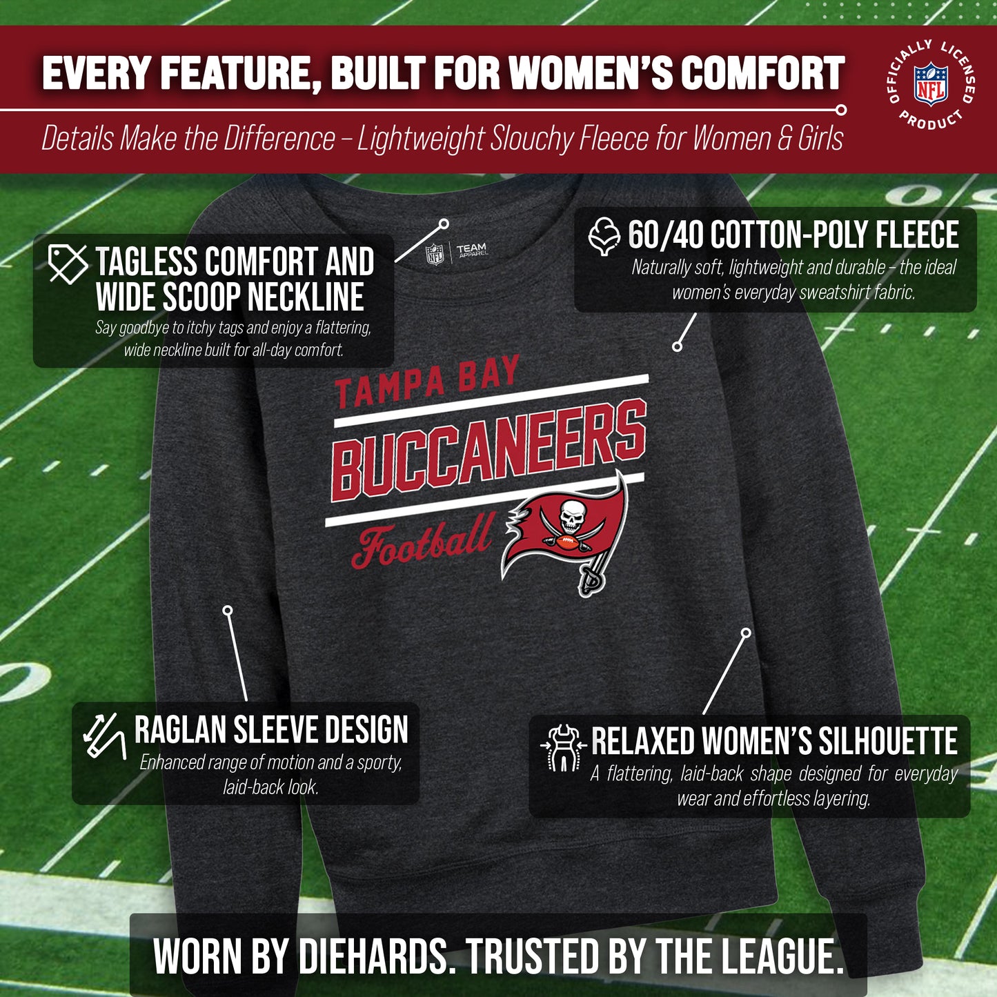 Tampa Bay Buccaneers NFL Womens Gameday French Terry Slouchy Top- Raglan Sleeves - Charcoal