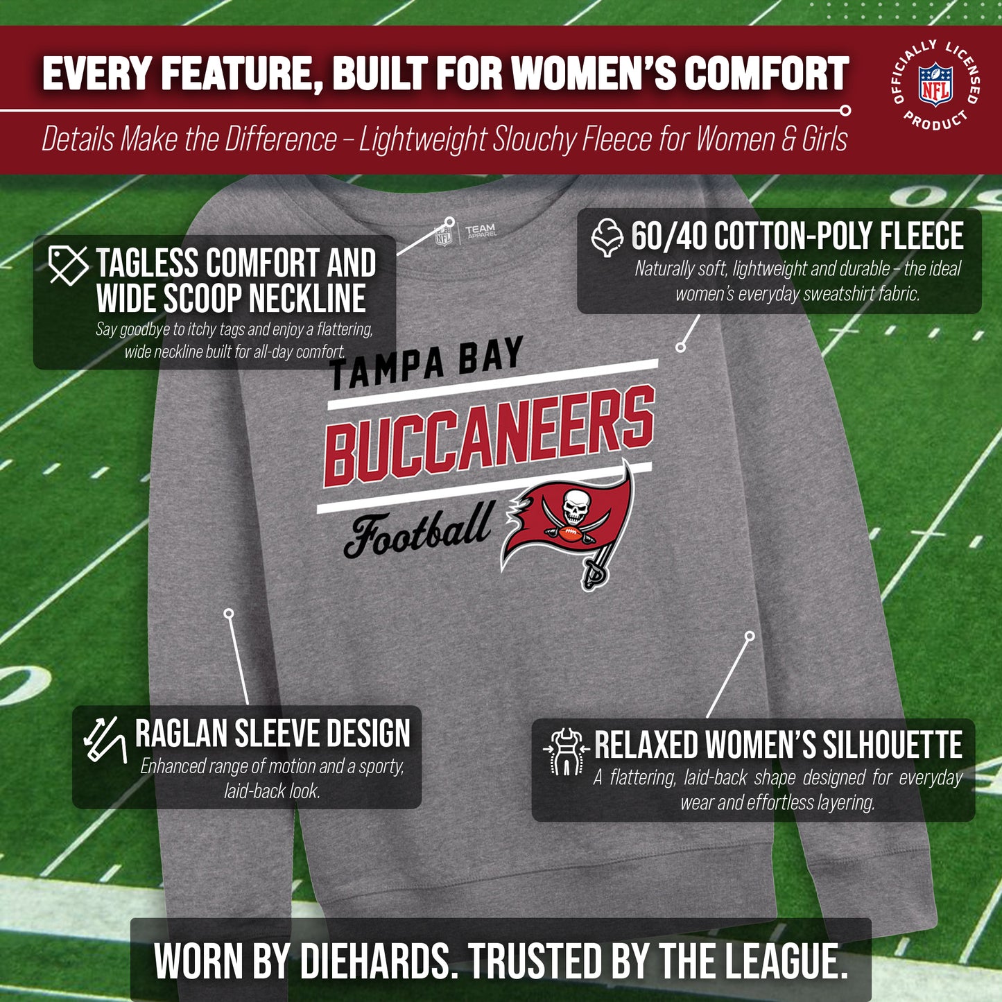 Tampa Bay Buccaneers NFL Womens Gameday French Terry Slouchy Top- Raglan Sleeves - Sport Gray