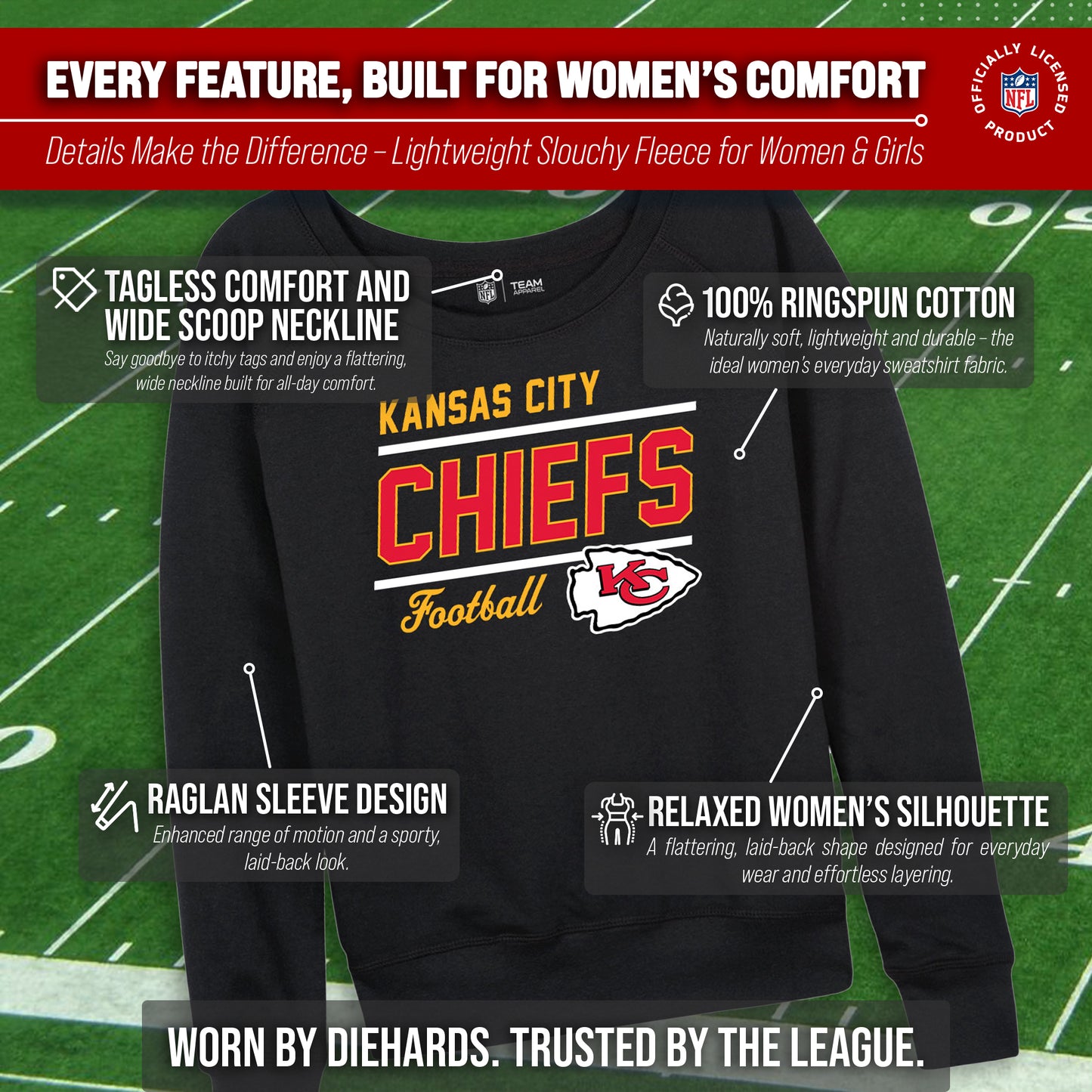 Kansas City Chiefs NFL Womens Gameday French Terry Slouchy Top- Raglan Sleeves - Black