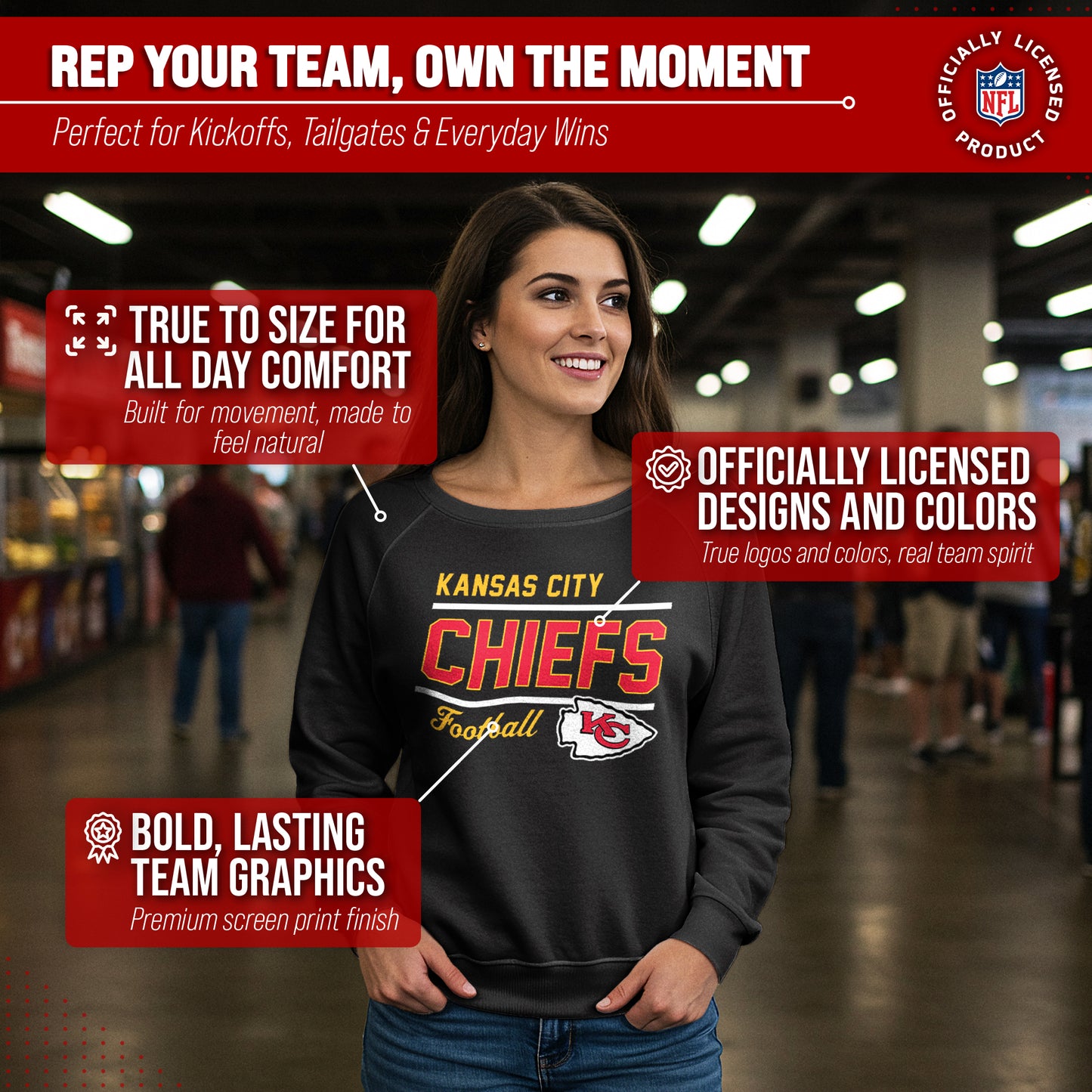 Kansas City Chiefs NFL Womens Gameday French Terry Slouchy Top- Raglan Sleeves - Black