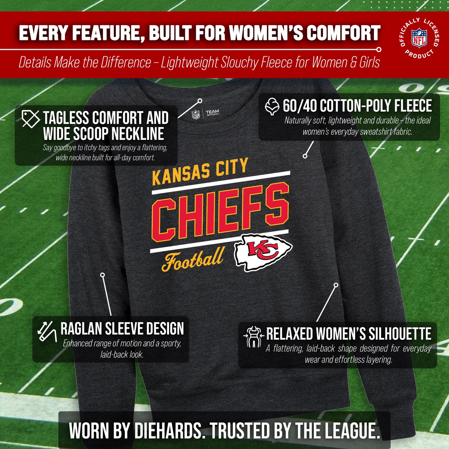 Kansas City Chiefs NFL Womens Gameday French Terry Slouchy Top- Raglan Sleeves - Charcoal