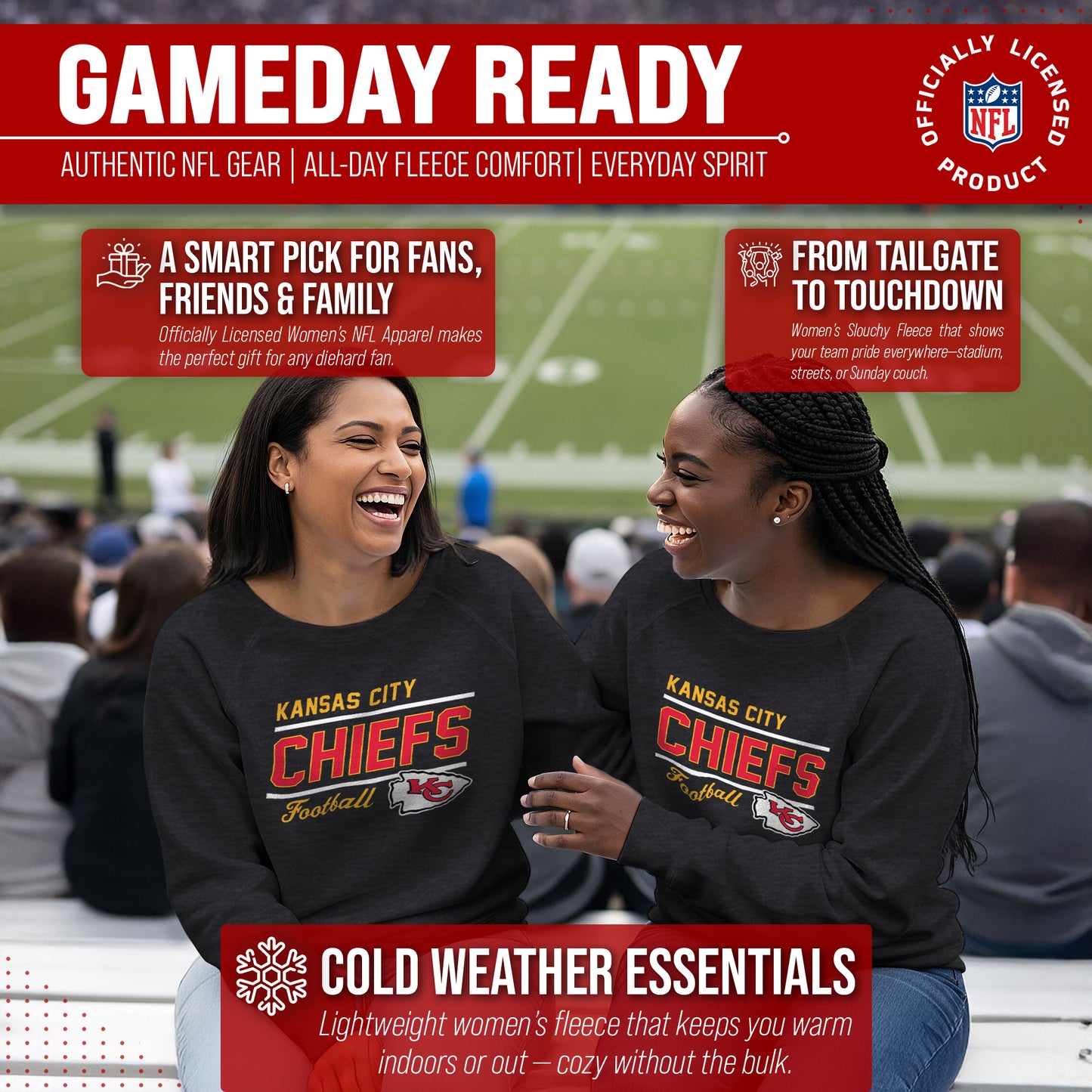 Kansas City Chiefs NFL Womens Gameday French Terry Slouchy Top- Raglan Sleeves - Charcoal