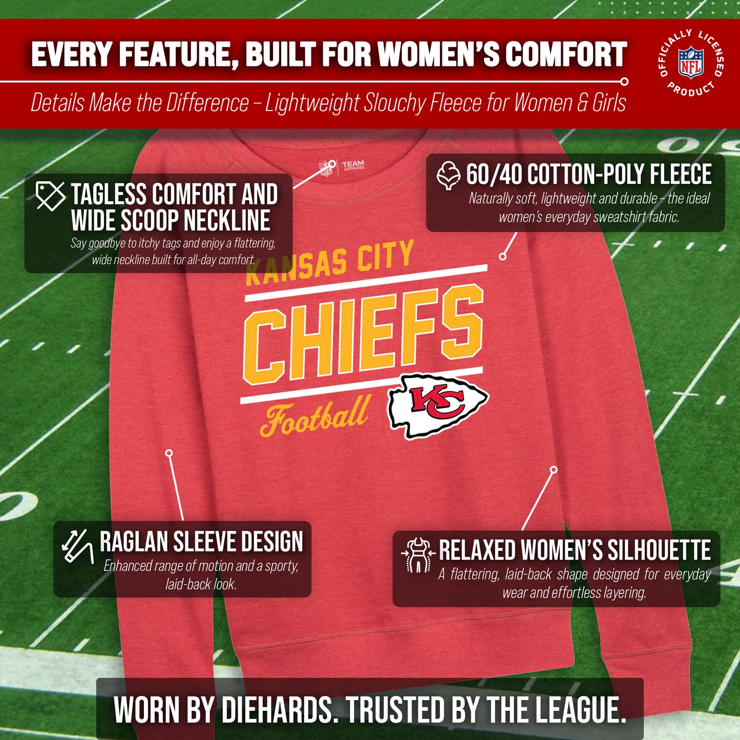 Kansas City Chiefs NFL Womens Gameday French Terry Slouchy Top- Raglan Sleeves - Red