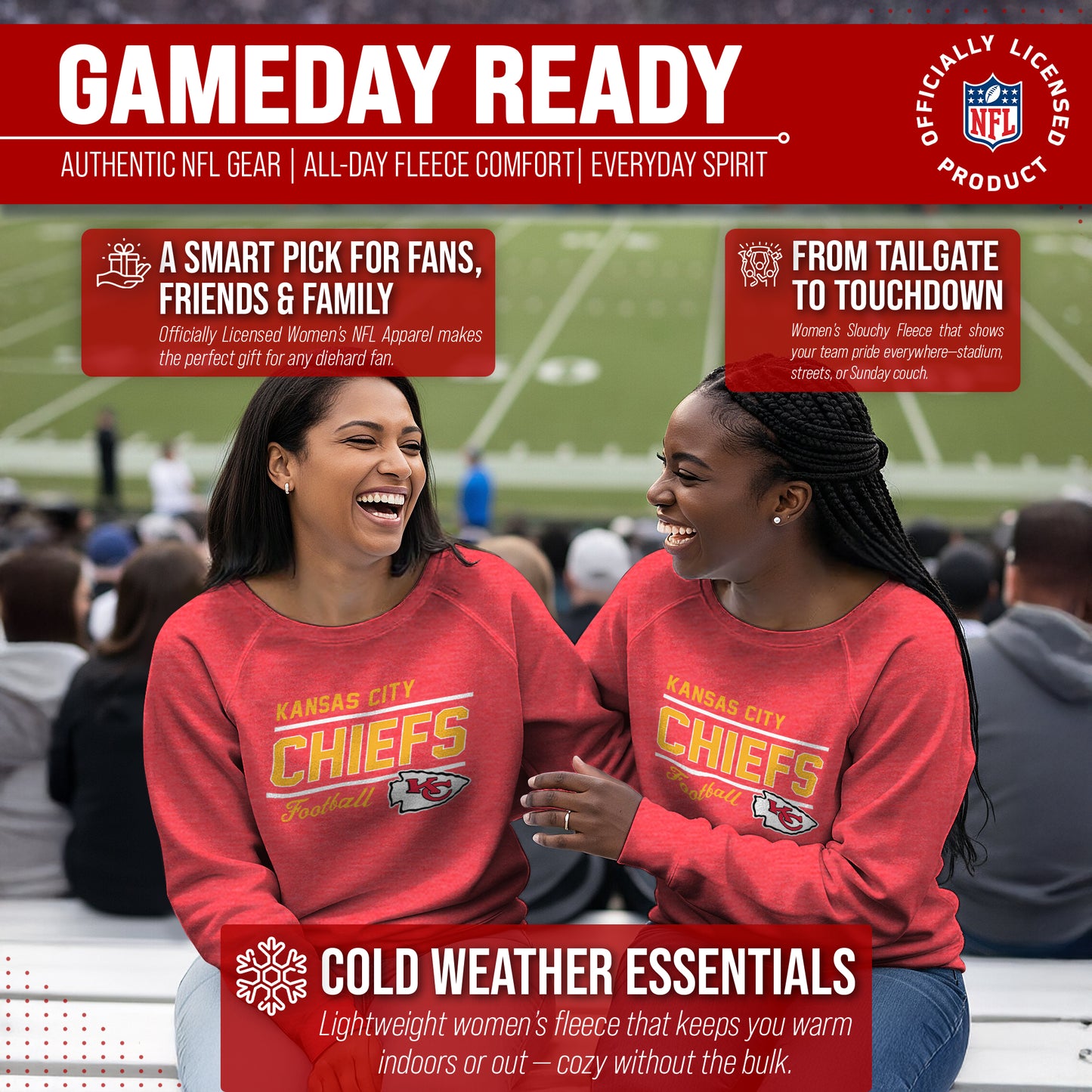 Kansas City Chiefs NFL Womens Gameday French Terry Slouchy Top- Raglan Sleeves - Red