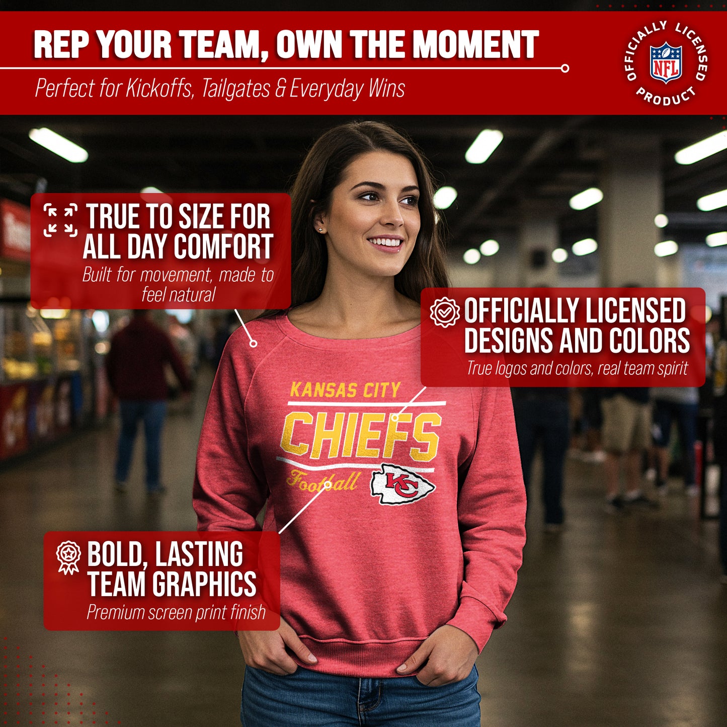 Kansas City Chiefs NFL Womens Gameday French Terry Slouchy Top- Raglan Sleeves - Red