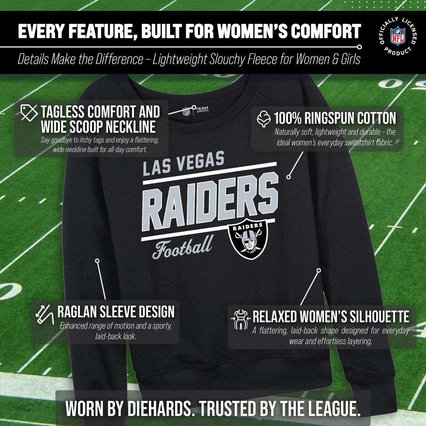 Las Vegas Raiders NFL Womens Gameday French Terry Slouchy Top- Raglan Sleeves - Black