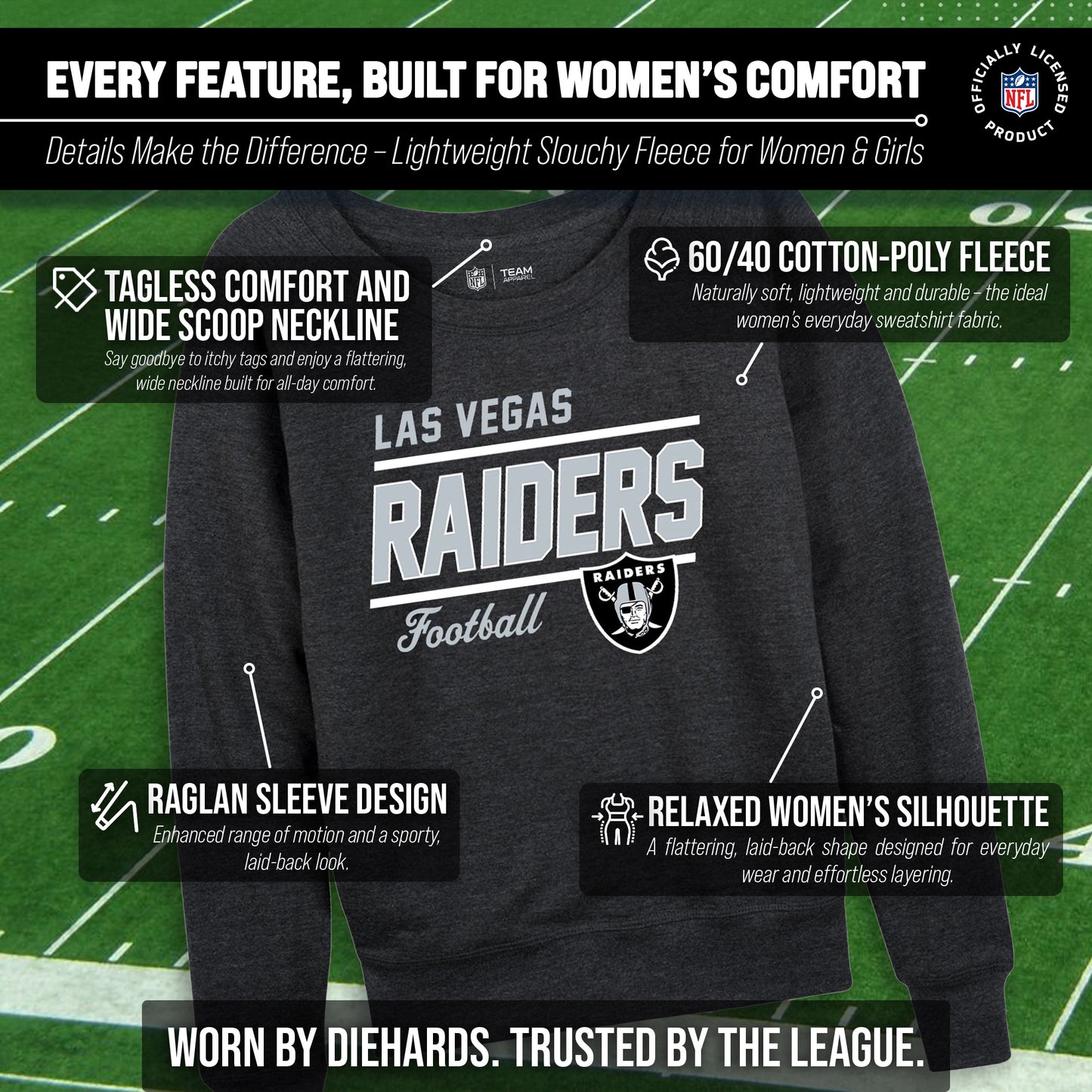 Las Vegas Raiders NFL Womens Gameday French Terry Slouchy Top- Raglan Sleeves - Charcoal
