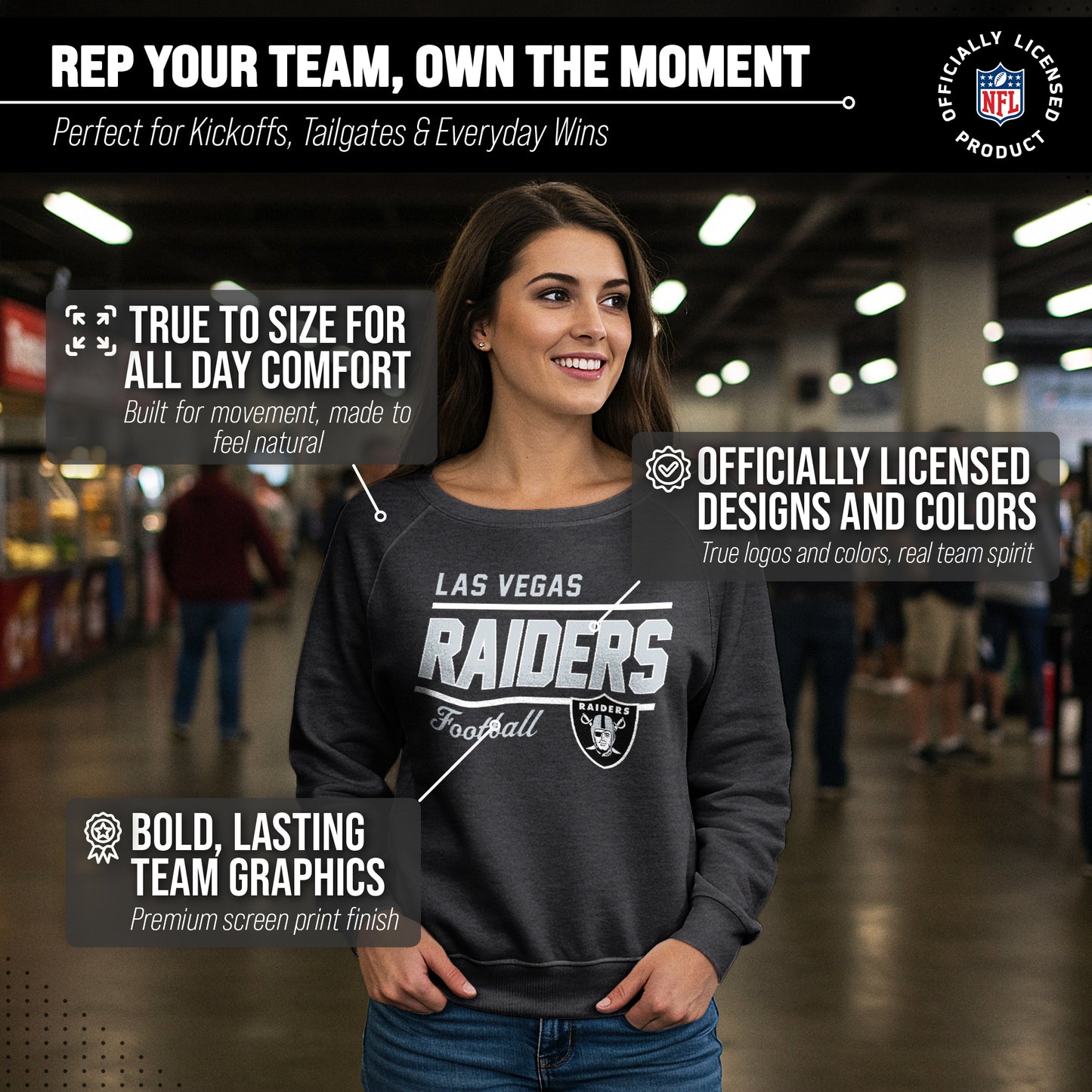 Las Vegas Raiders NFL Womens Gameday French Terry Slouchy Top- Raglan Sleeves - Charcoal