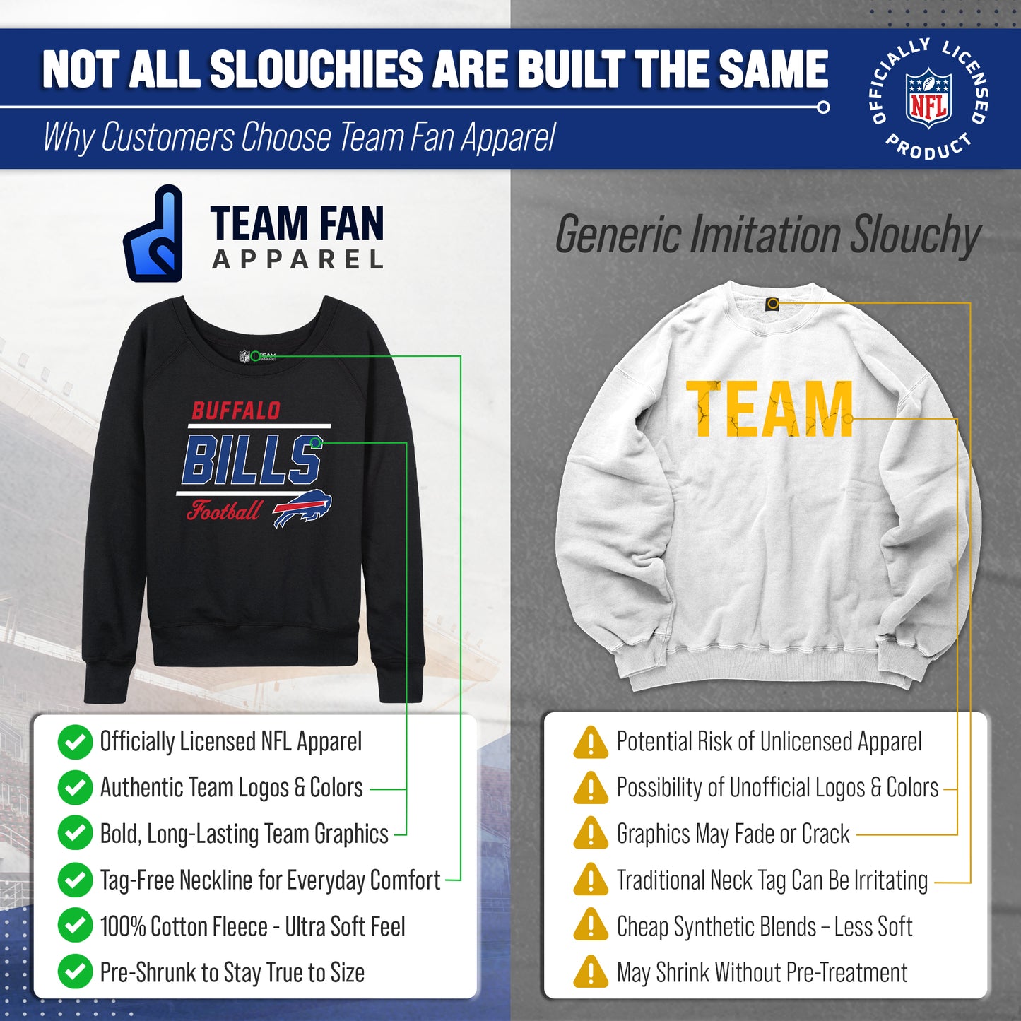 Buffalo Bills NFL Womens Gameday French Terry Slouchy Top- Raglan Sleeves - Black