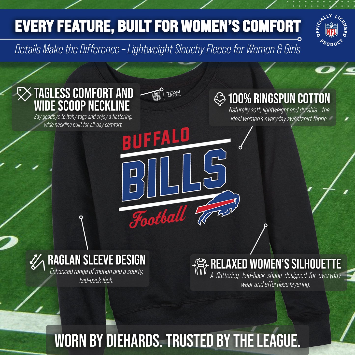 Buffalo Bills NFL Womens Gameday French Terry Slouchy Top- Raglan Sleeves - Black