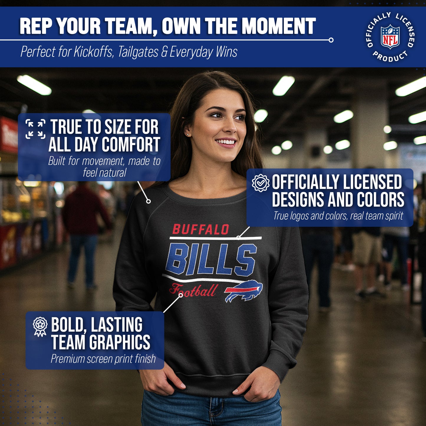 Buffalo Bills NFL Womens Gameday French Terry Slouchy Top- Raglan Sleeves - Black