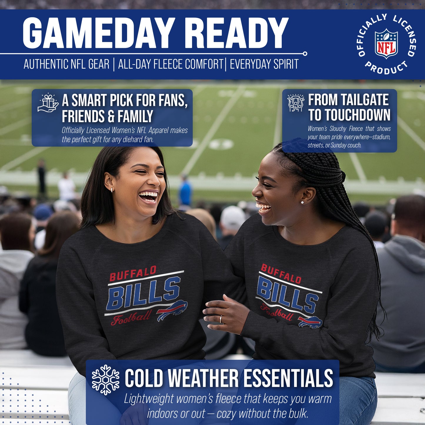 Buffalo Bills NFL Womens Gameday French Terry Slouchy Top- Raglan Sleeves - Charcoal