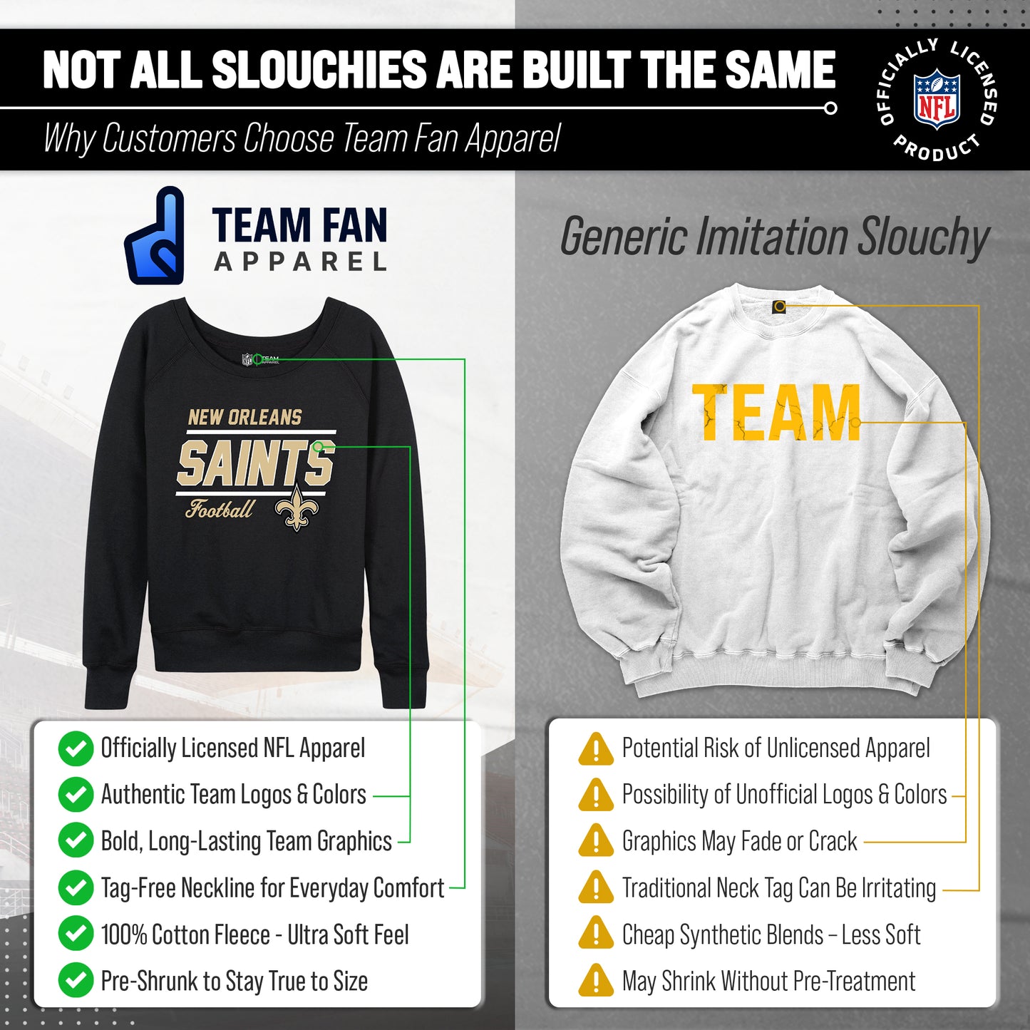 New Orleans Saints NFL Womens Gameday French Terry Slouchy Top- Raglan Sleeves - Black