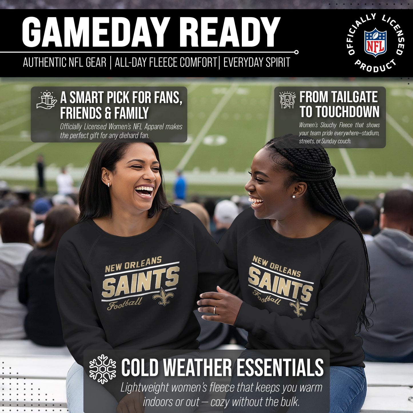 New Orleans Saints NFL Womens Gameday French Terry Slouchy Top- Raglan Sleeves - Black