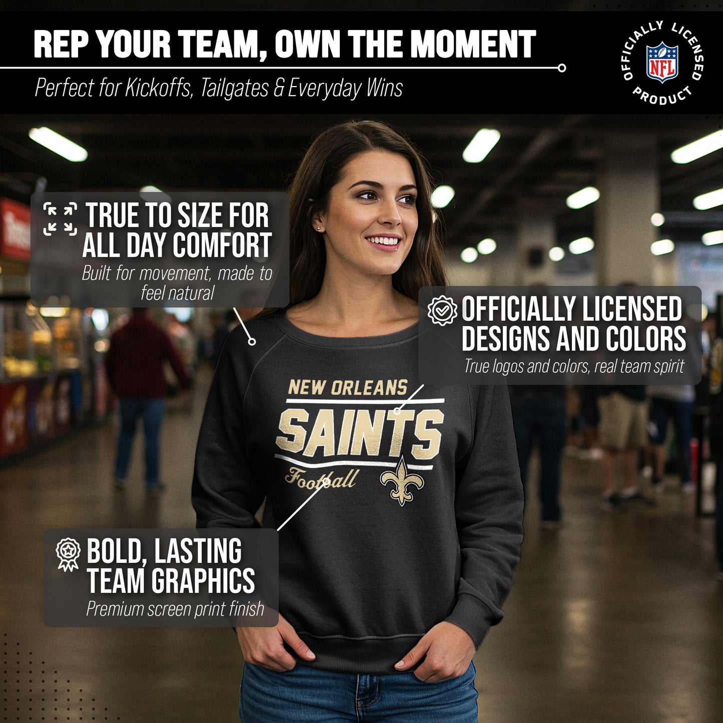 New Orleans Saints NFL Womens Gameday French Terry Slouchy Top- Raglan Sleeves - Black