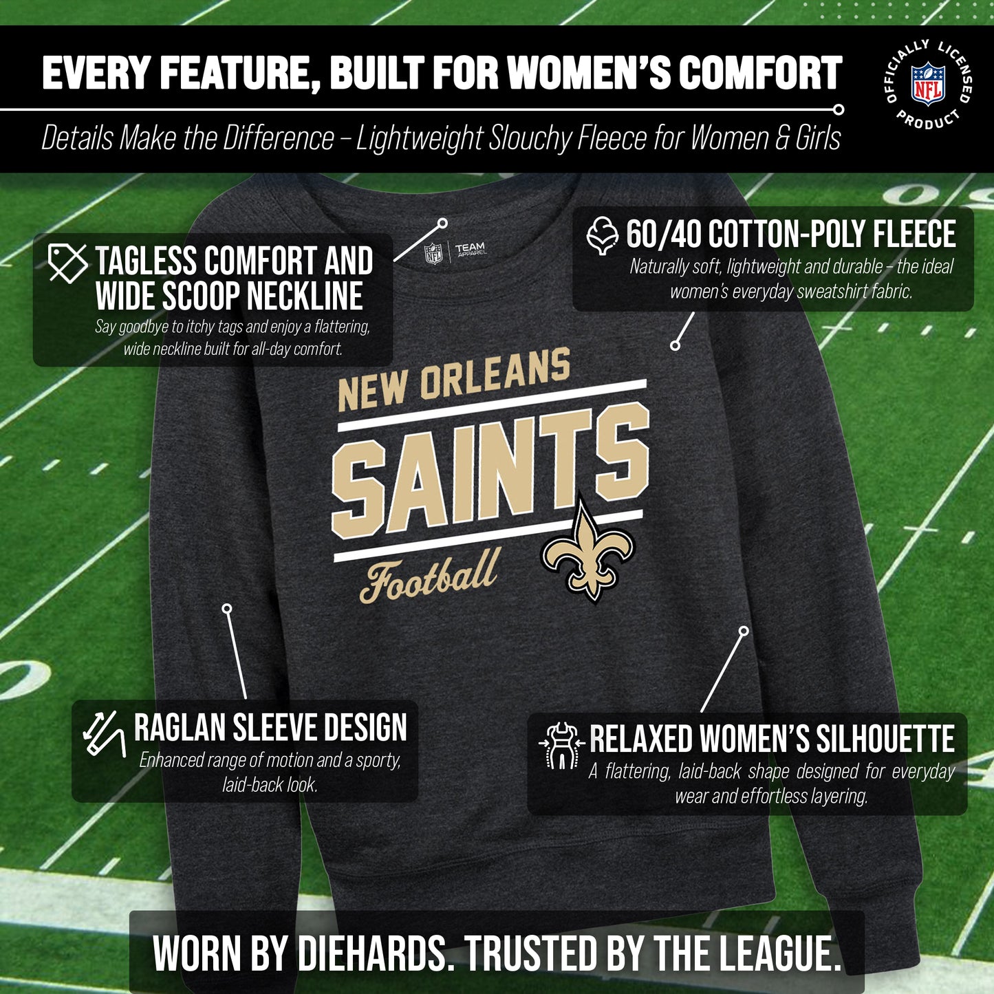 New Orleans Saints NFL Womens Gameday French Terry Slouchy Top- Raglan Sleeves - Charcoal