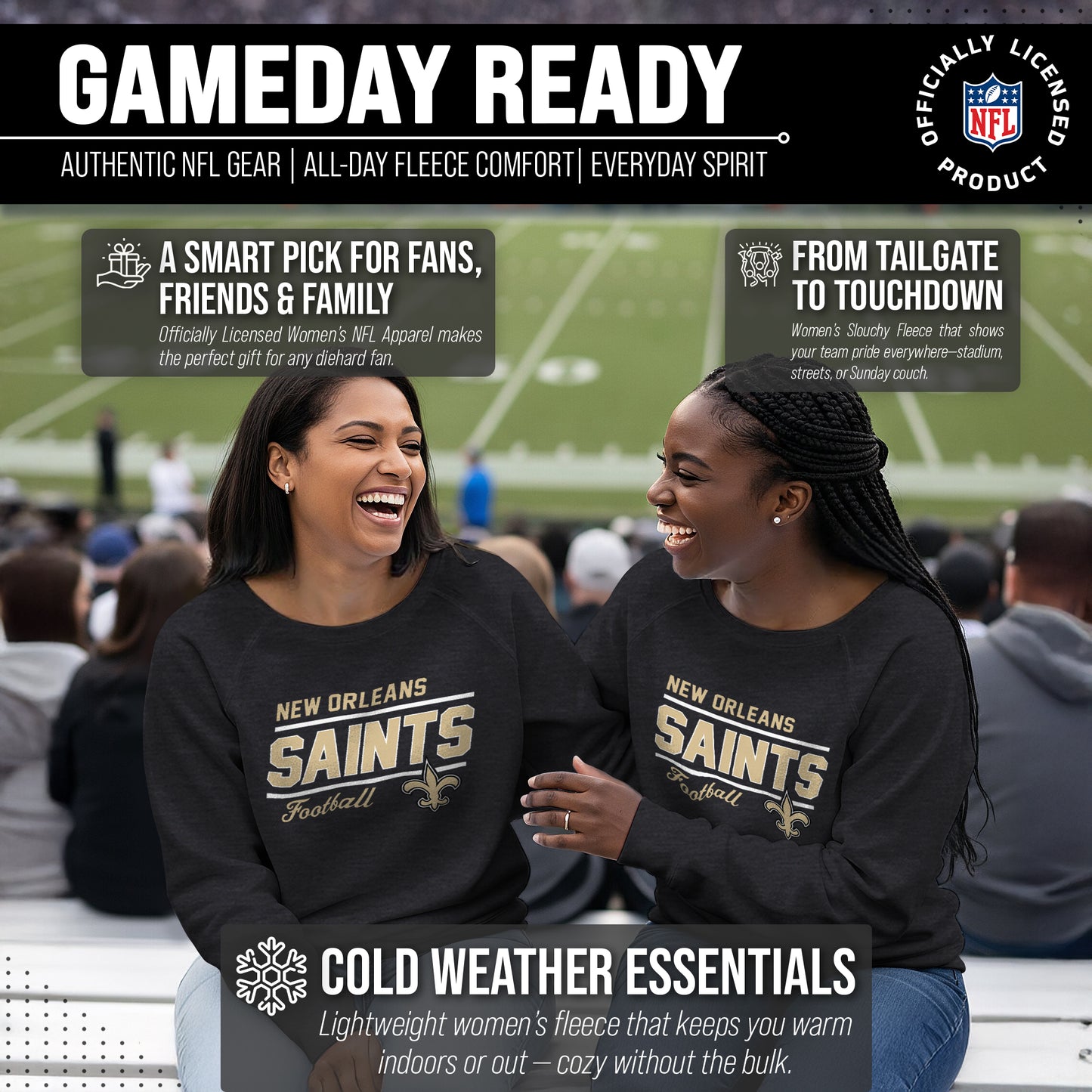 New Orleans Saints NFL Womens Gameday French Terry Slouchy Top- Raglan Sleeves - Charcoal