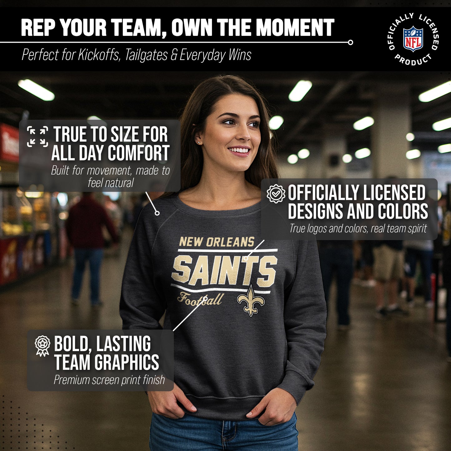 New Orleans Saints NFL Womens Gameday French Terry Slouchy Top- Raglan Sleeves - Charcoal