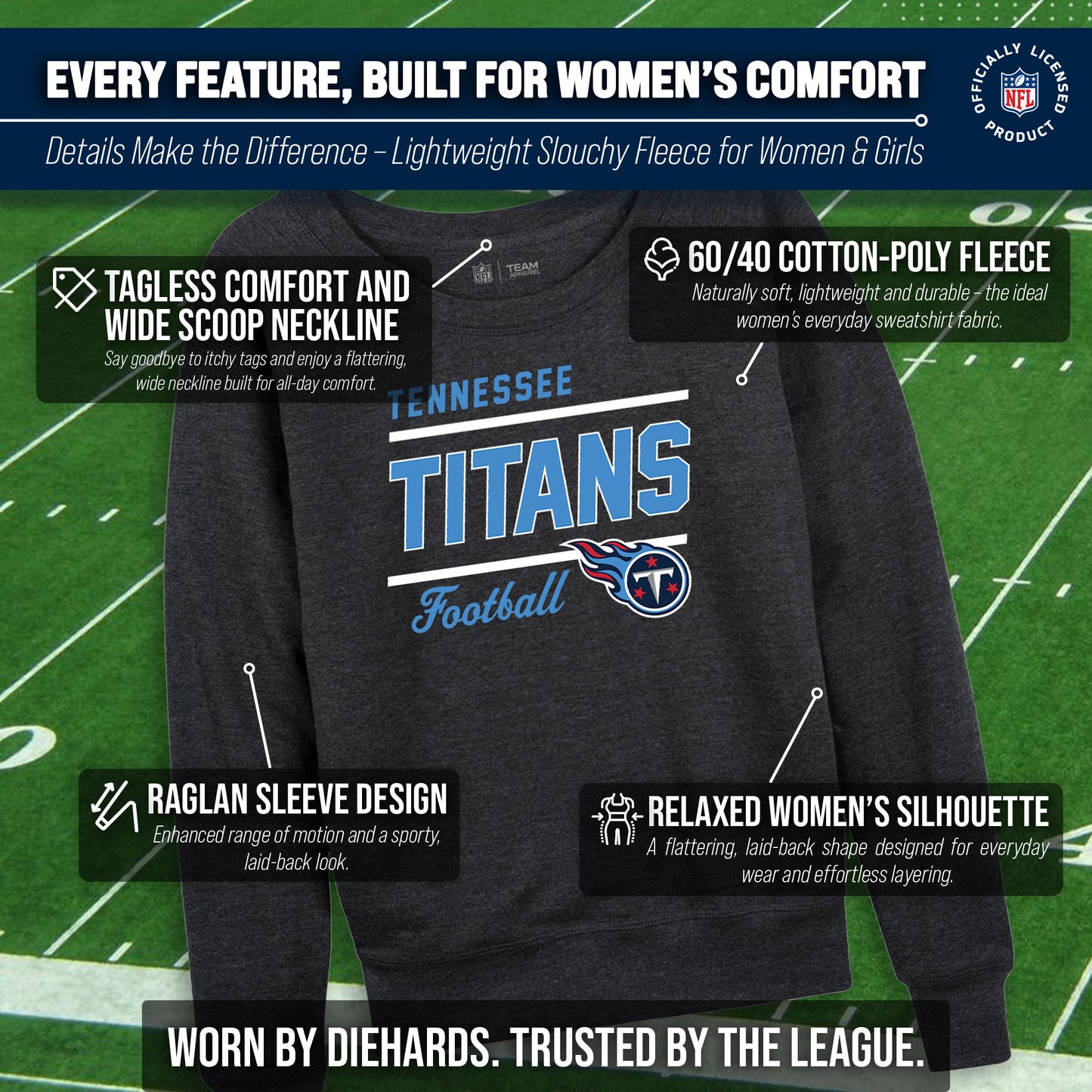 Tennessee Titans NFL Womens Gameday French Terry Slouchy Top- Raglan Sleeves - Heather Charcoal
