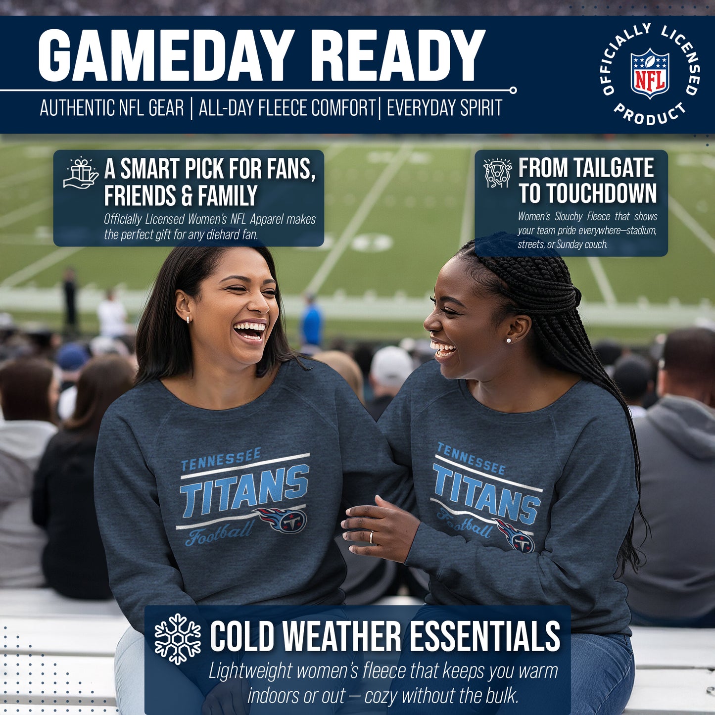 Tennessee Titans NFL Womens Gameday French Terry Slouchy Top- Raglan Sleeves - Navy