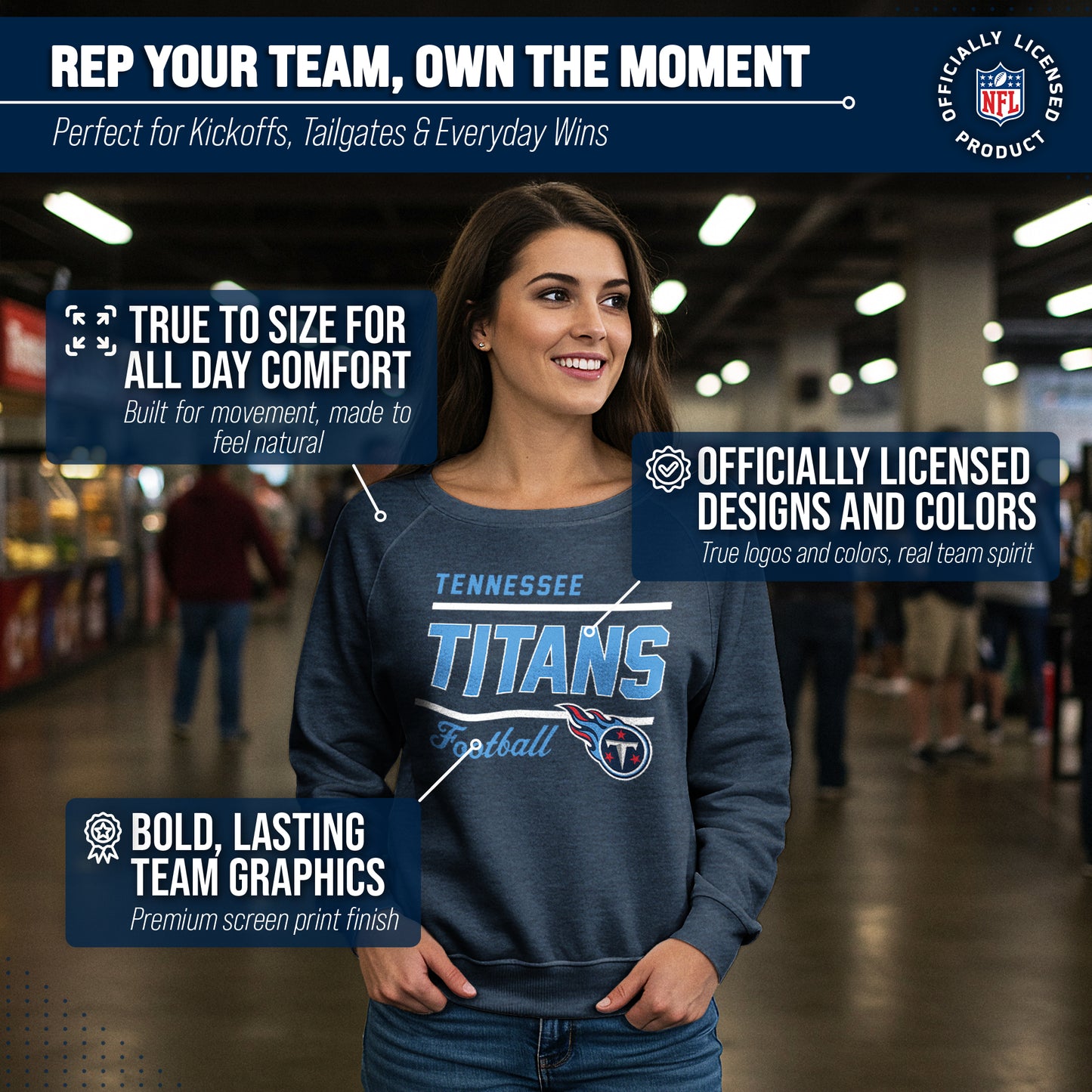 Tennessee Titans NFL Womens Gameday French Terry Slouchy Top- Raglan Sleeves - Navy