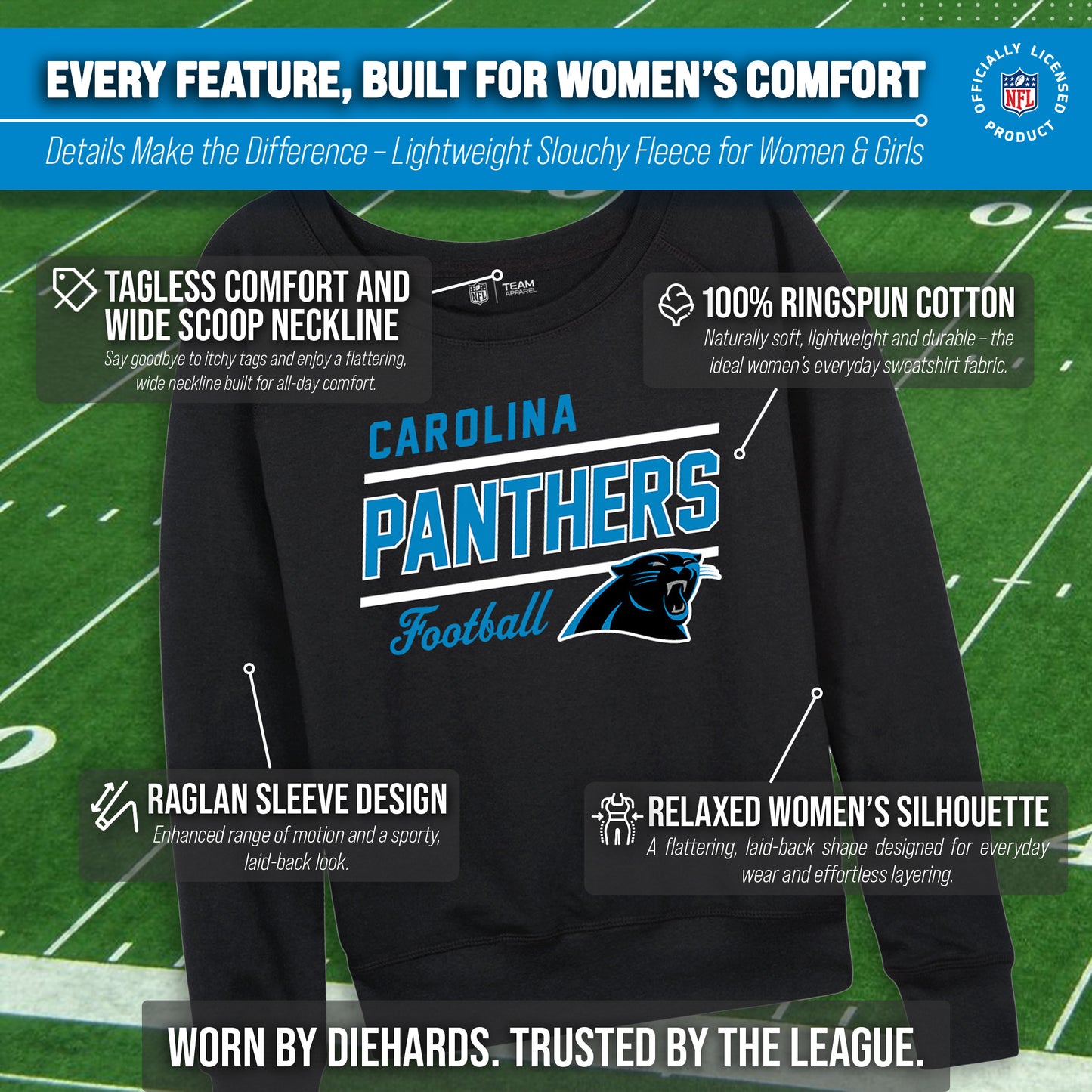 Carolina Panthers NFL Womens Gameday French Terry Slouchy Top- Raglan Sleeves - Black