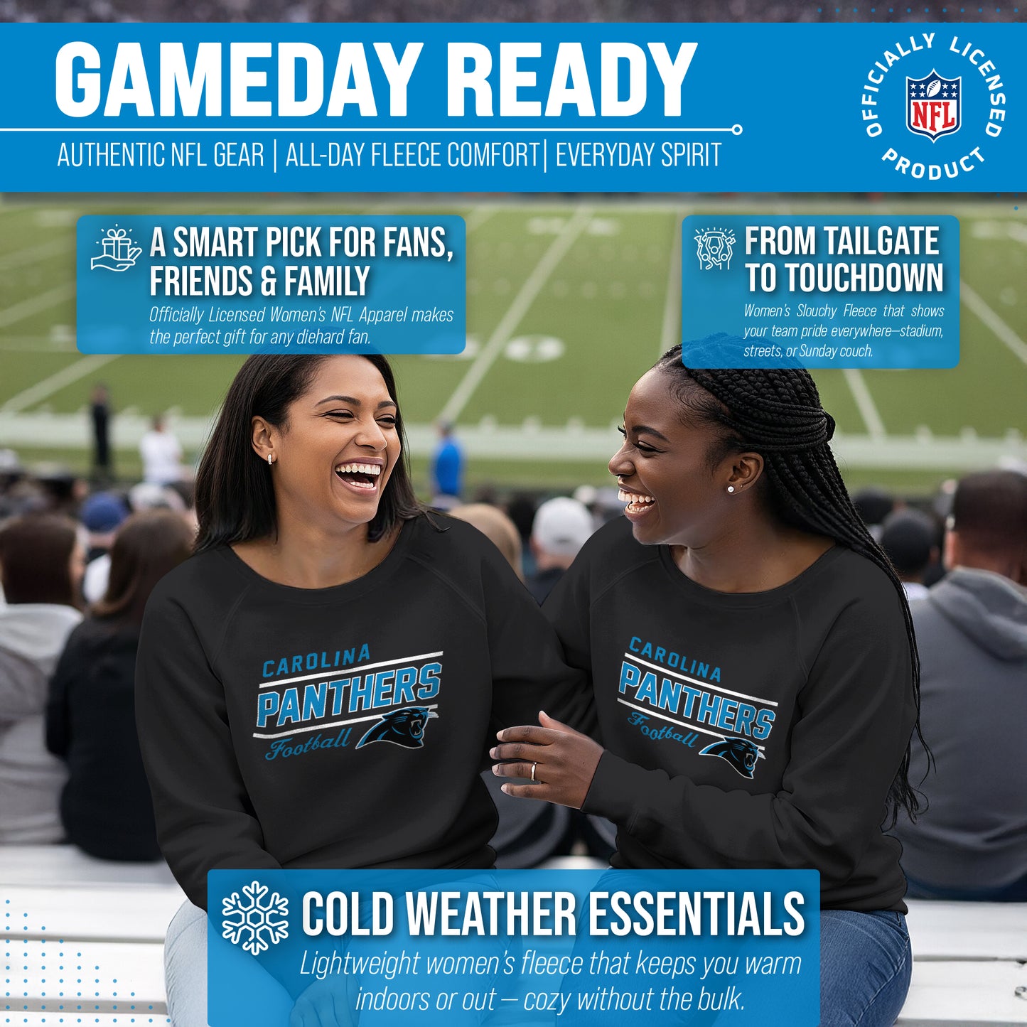 Carolina Panthers NFL Womens Gameday French Terry Slouchy Top- Raglan Sleeves - Black